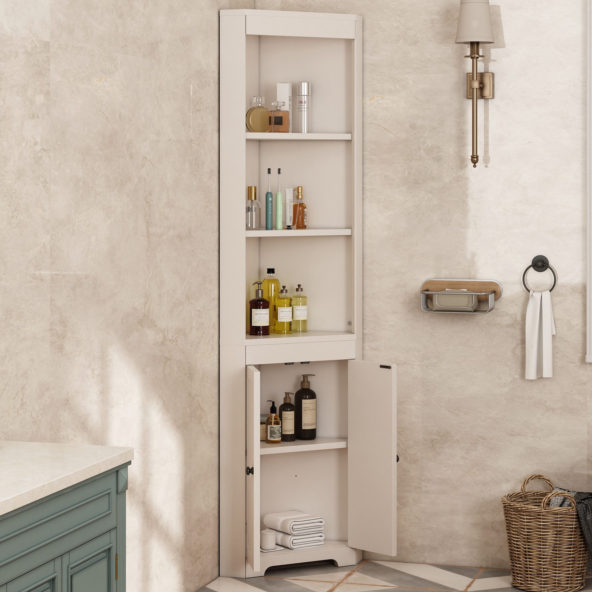 Flieks Badkommode Eckschrank mit 2 Türen und 3 Fächern (B49,5/T35/H170 cm, 1 St., mit verstellbaren Einlegeböden), Dreieckiger Badezimmerschrank Hochschrank Holz, Weiß