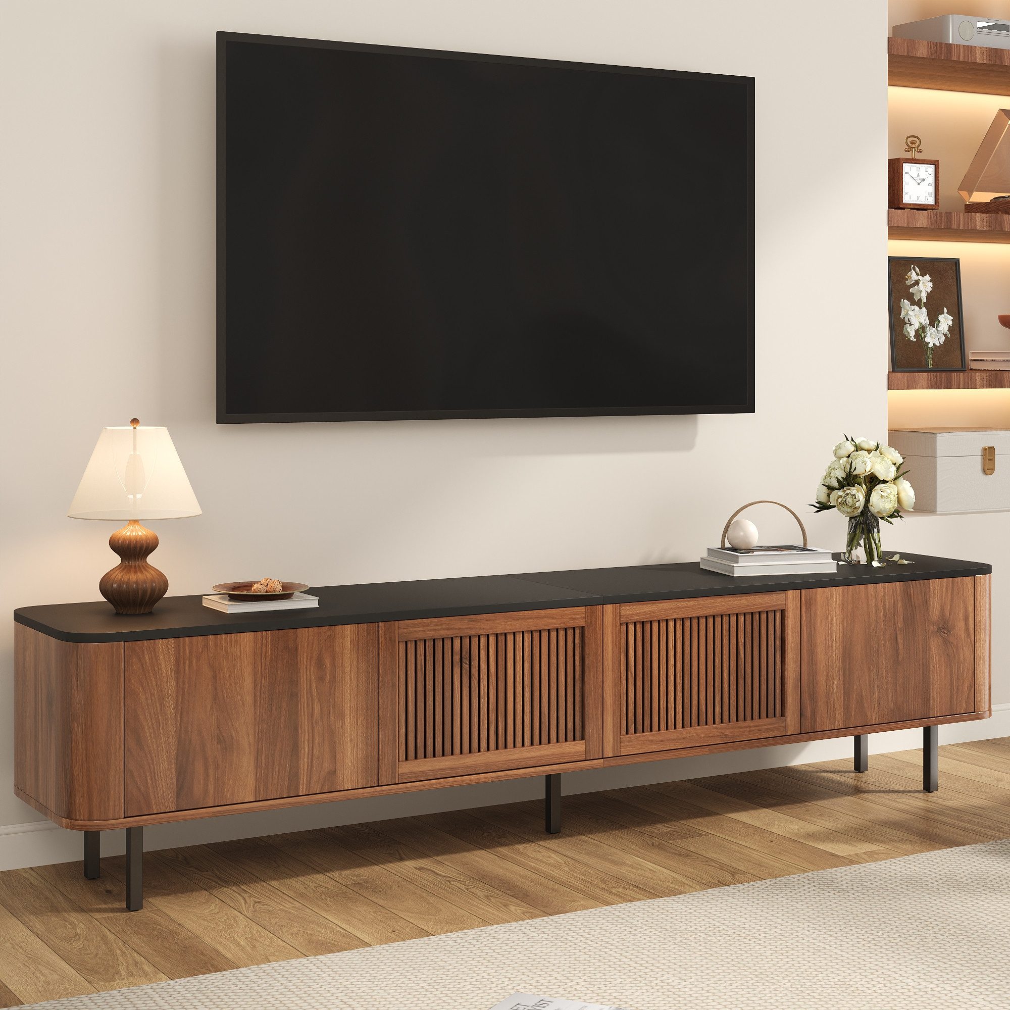 STILVORA TV-Schrank wohnzimmer niedrigerer TV-Reagal Lowboard stehend mit Stauraum Walnut (Packung, 1-St., Großer Stauraum, mit 4 Türen und 4 Fächern) Modernes, minimalistisches Design, Einzigartiges Design.