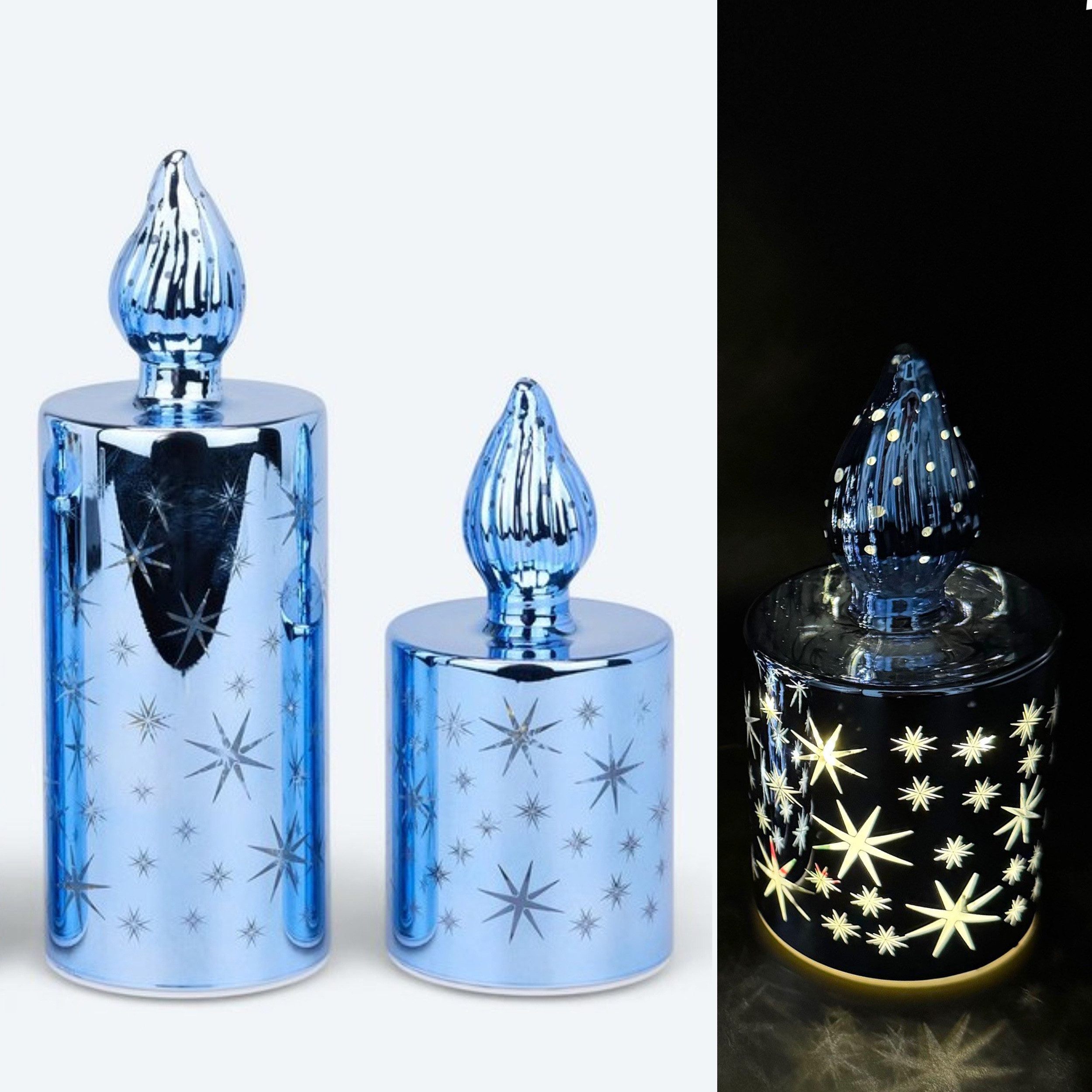 Online-Fuchs LED-Kerze 2 LED-Kerzen aus Glas mit Sternen, Lichterkette und günstig online kaufen