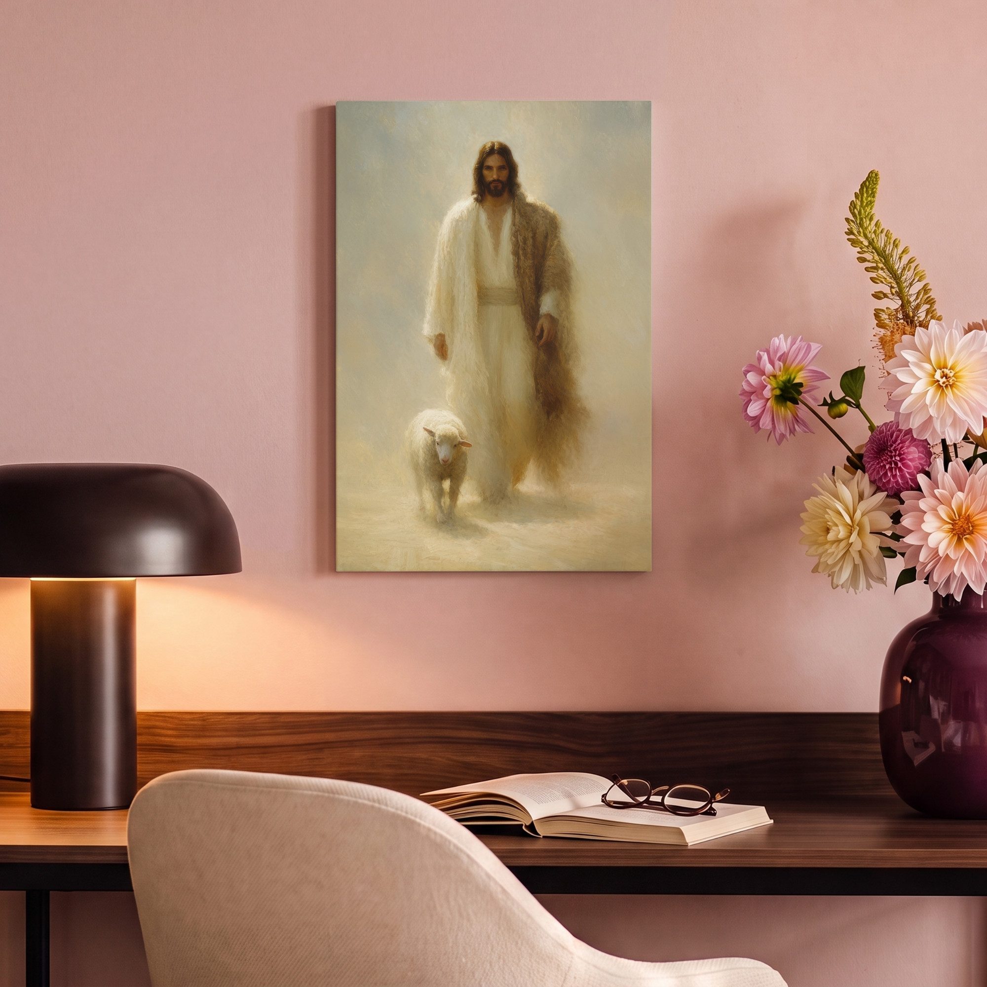 OneMillionCanvasses® Leinwandbild Schaf - Jesus - Pinselstriche - Abstrakt, Fotodruck (1 St), Leinwand Canvas Wandbild, Wanddekoration 20x30 cm – Bild 4 von 5