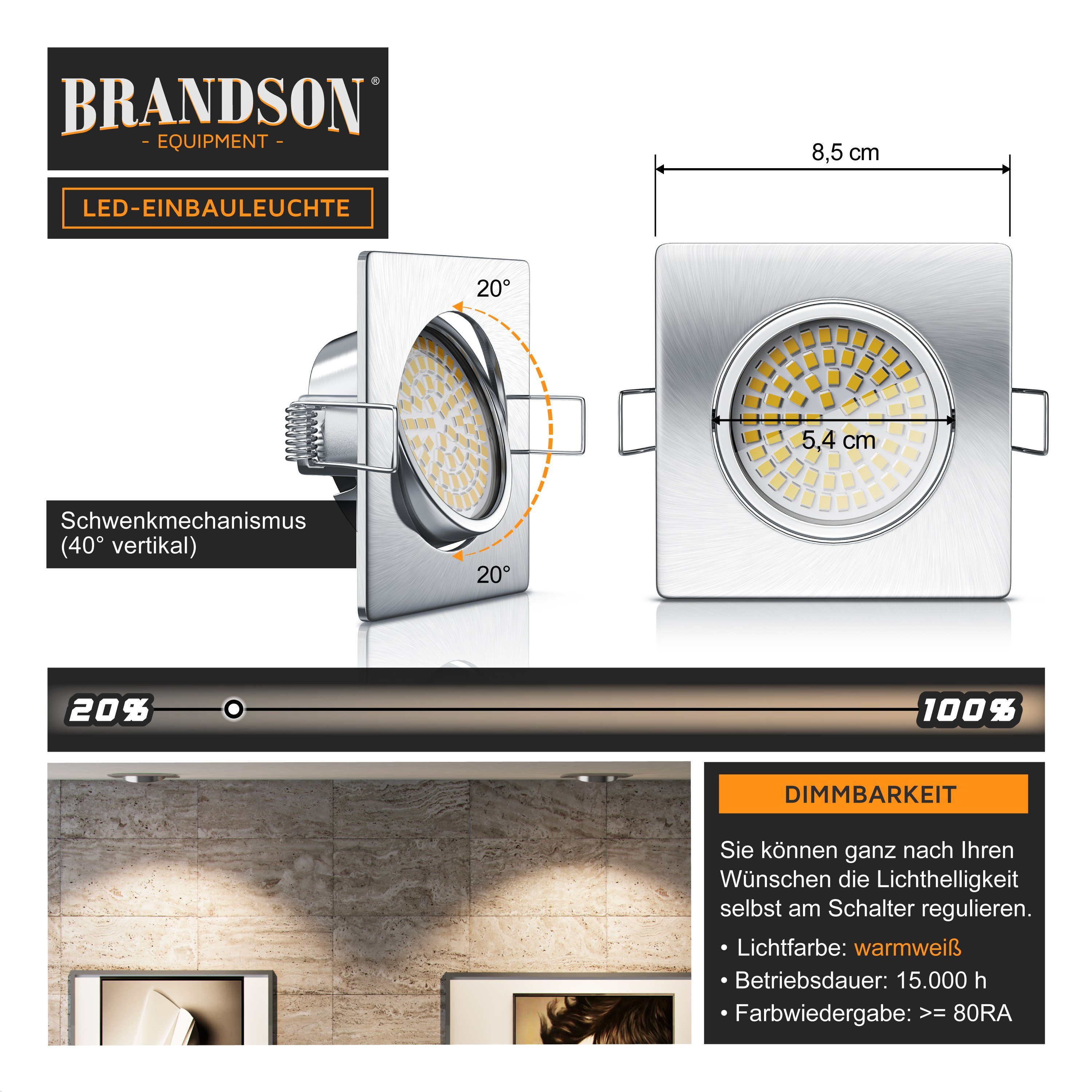 Brandson LED Einbaustrahler schwenkbarer Deckenspot, Edelstahl Optik, 320 Lumen, Warmweiß, 6er Set, Schwenkmechanismus (40° vertikal), LED fest integriert, Ultra Flache Einbauleuchte, Slim Einbauspot, Deckenstrahler eckig