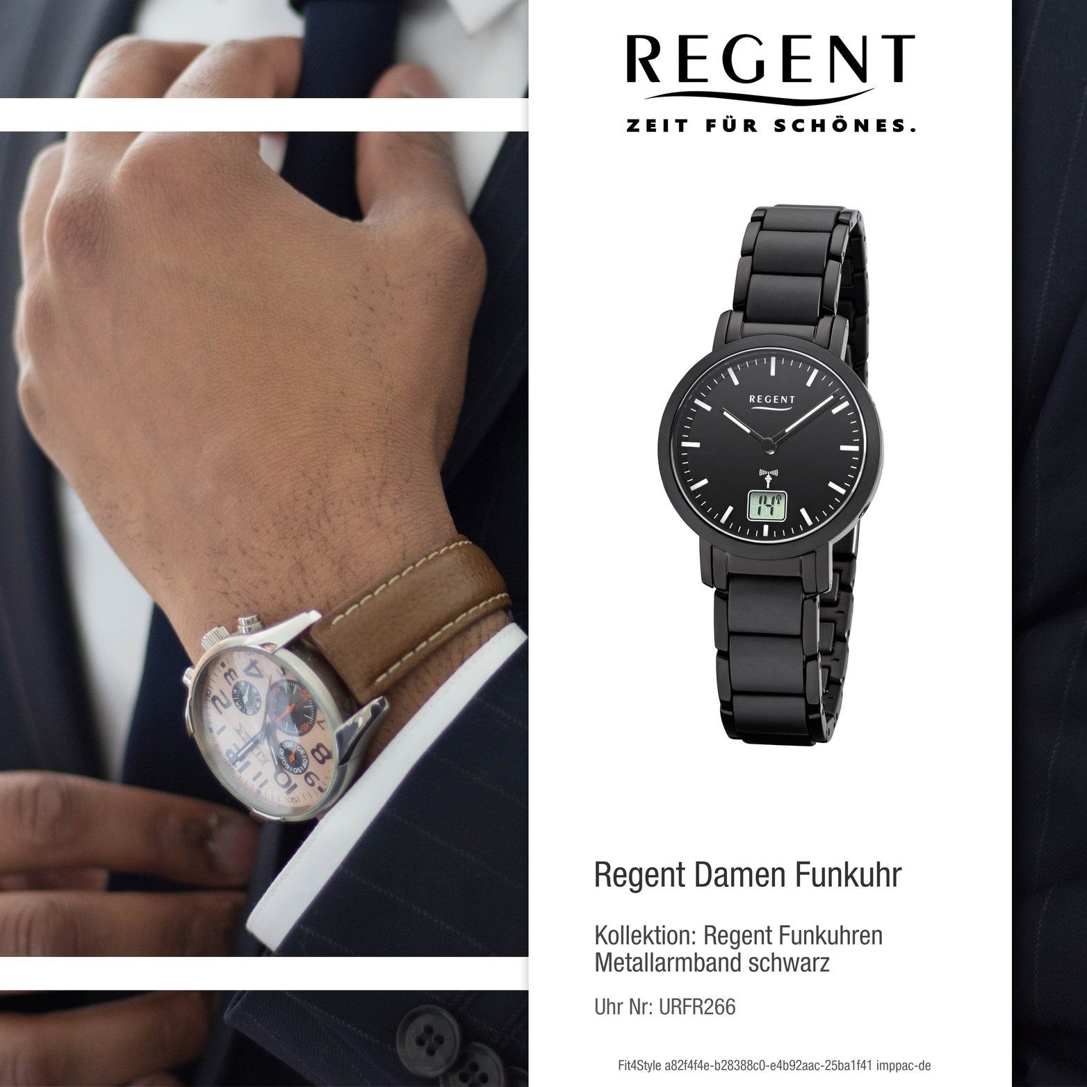 Regent Funkuhr Regent Metall Damen Damenuhr Uhr schwarz, (ca. klein 30mm) Gehäuse, Metallarmband rundes FR-266