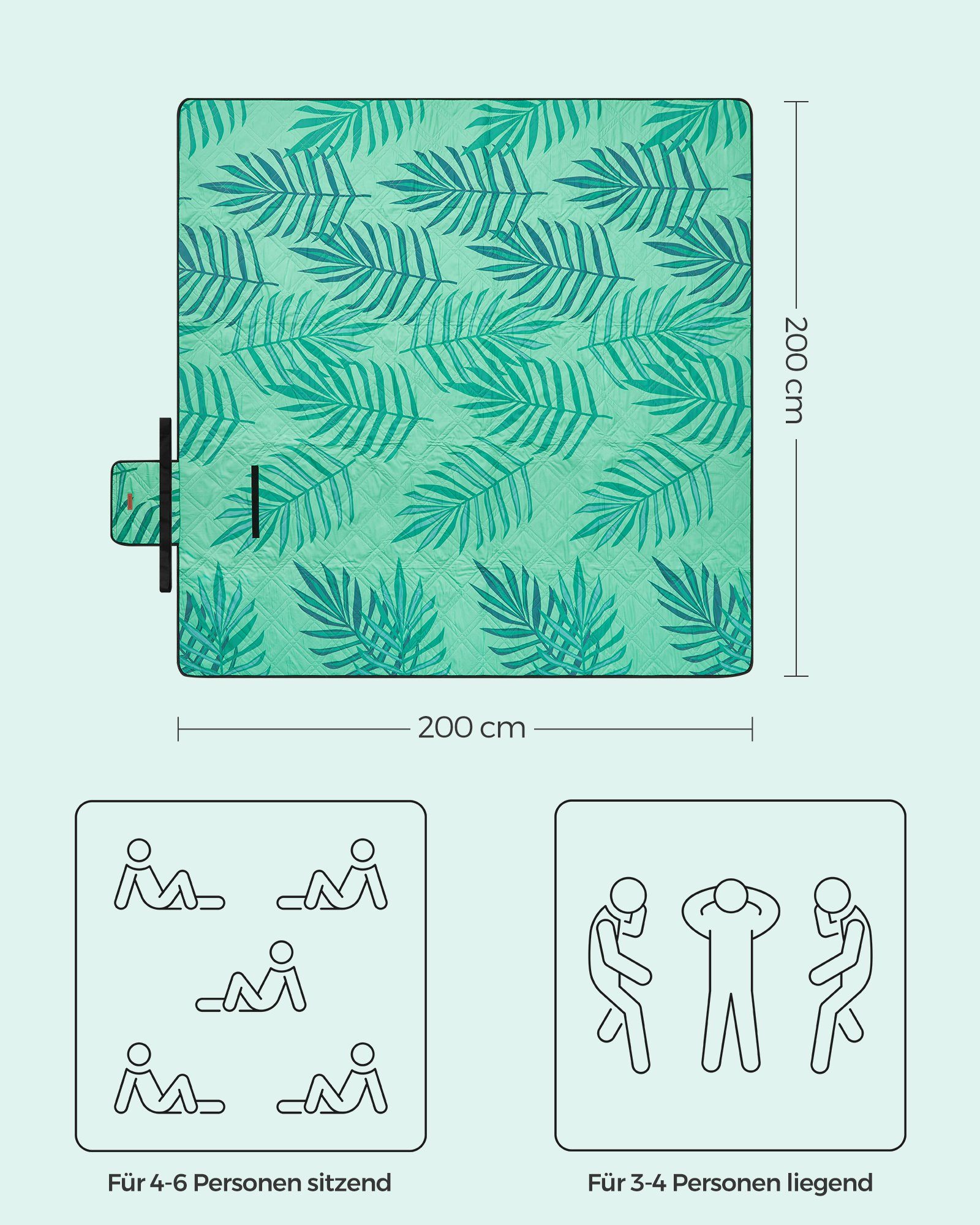Picknickdecke 200 x 200 cm, groß, Campingdecke, für Park, Garten, Strand, SONGMICS, wasserdicht, maschinenwaschbar, faltbar, grün mit tropischem Farn