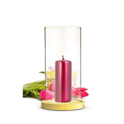Sendez Windlicht Glaszylinder mit Holzteller Kerzenhalter Tischdeko Kerzenständer Laterne
