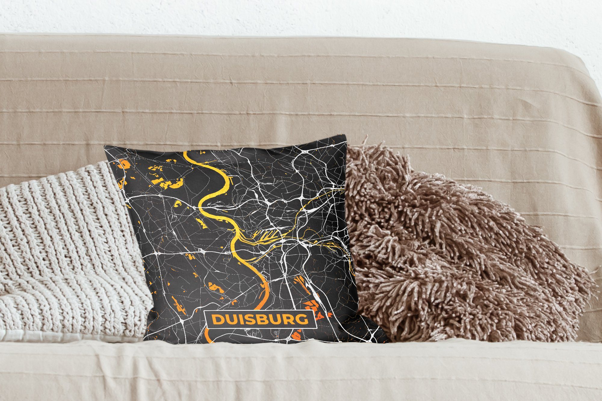 MuchoWow Dekokissen mit Schlafzimmer, Gold, Karte für - Stadtplan Duisburg Sofakissen Füllung - Zierkissen Deutschland Deko, - - Wohzimmer,