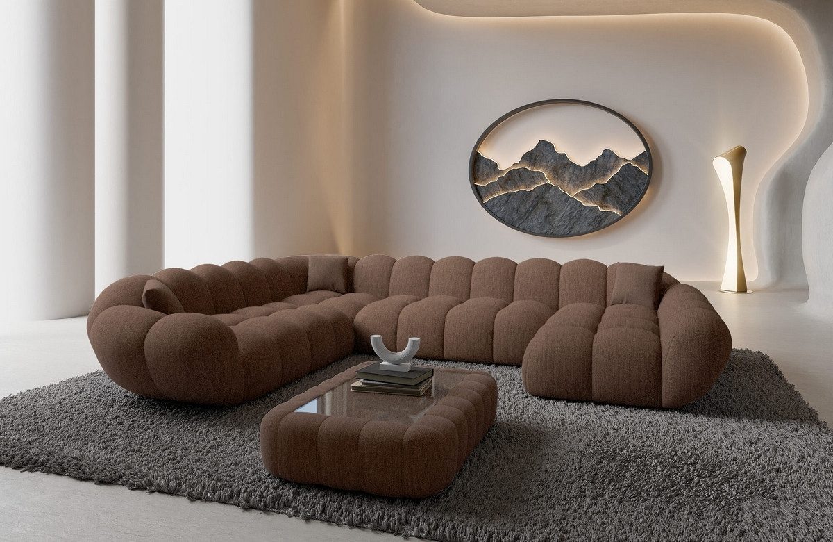Sofa Dreams Wohnlandschaft Maleron XXL Polster Couch, 6-Sitzer, Stoff Sofa, Ottomane rechts, Strukturstoff in Braun
