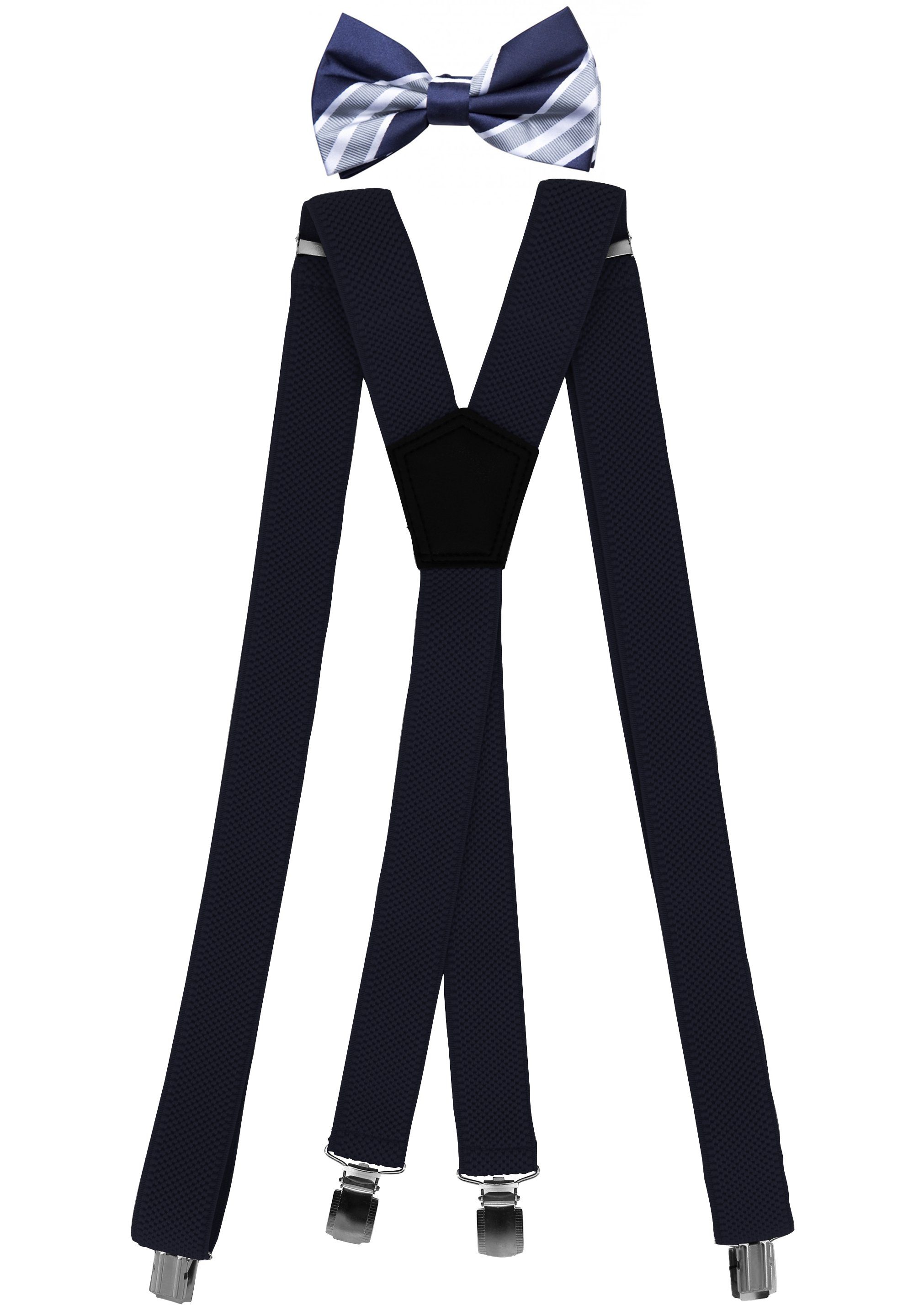 Fabio Farini Подтяжки Herren Подтяжки Pack 3cm X-Form mit passender Fliege Set Dunkelblau 3cm Подтяжки - Dunkelblau/Grau Gestreifter Fliege