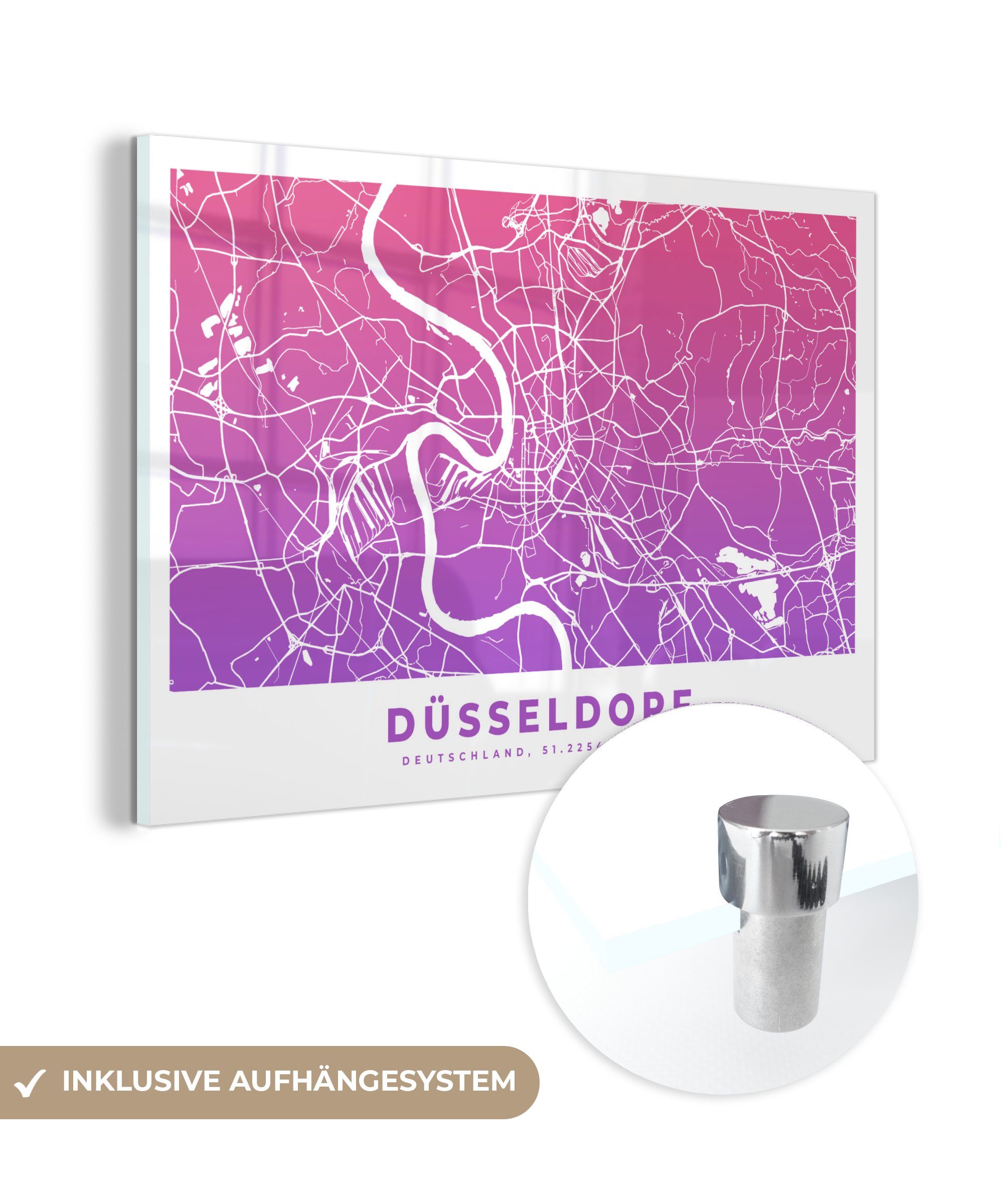 MuchoWow Acrylglasbild Dusseldorf - Deutschland - Stadtplan, (1 St), Acrylglasbilder Wohnzimmer & Schlafzimmer
