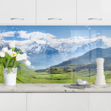 Bilderdepot24 Küchenrückwand grün dekor Natur Berge Skyline Schweizer Alpen Wandverkleidung Küche, (1-tlg., Nischenrückwand - für Fliesenspiegel ohne Bohren - matt), Spritzschutz Rückwand Küche Herd - Folie selbstklebend versch. Größen