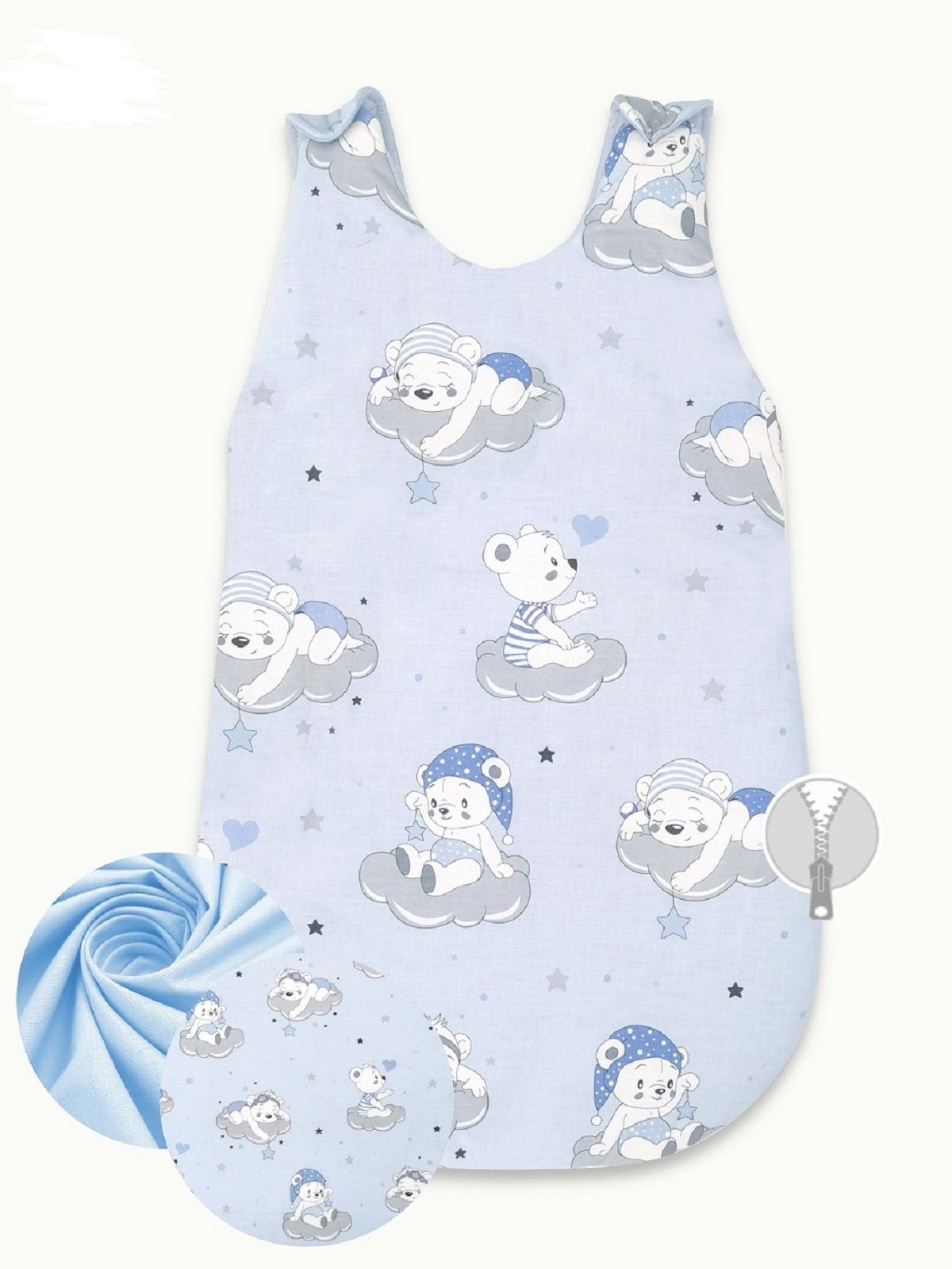 Babyhafen Babyschlafsack Kinderschlafsack Baumwolle für Babys Modell Bären Blau Gr.56-68 (1 tlg), Reißverschluss