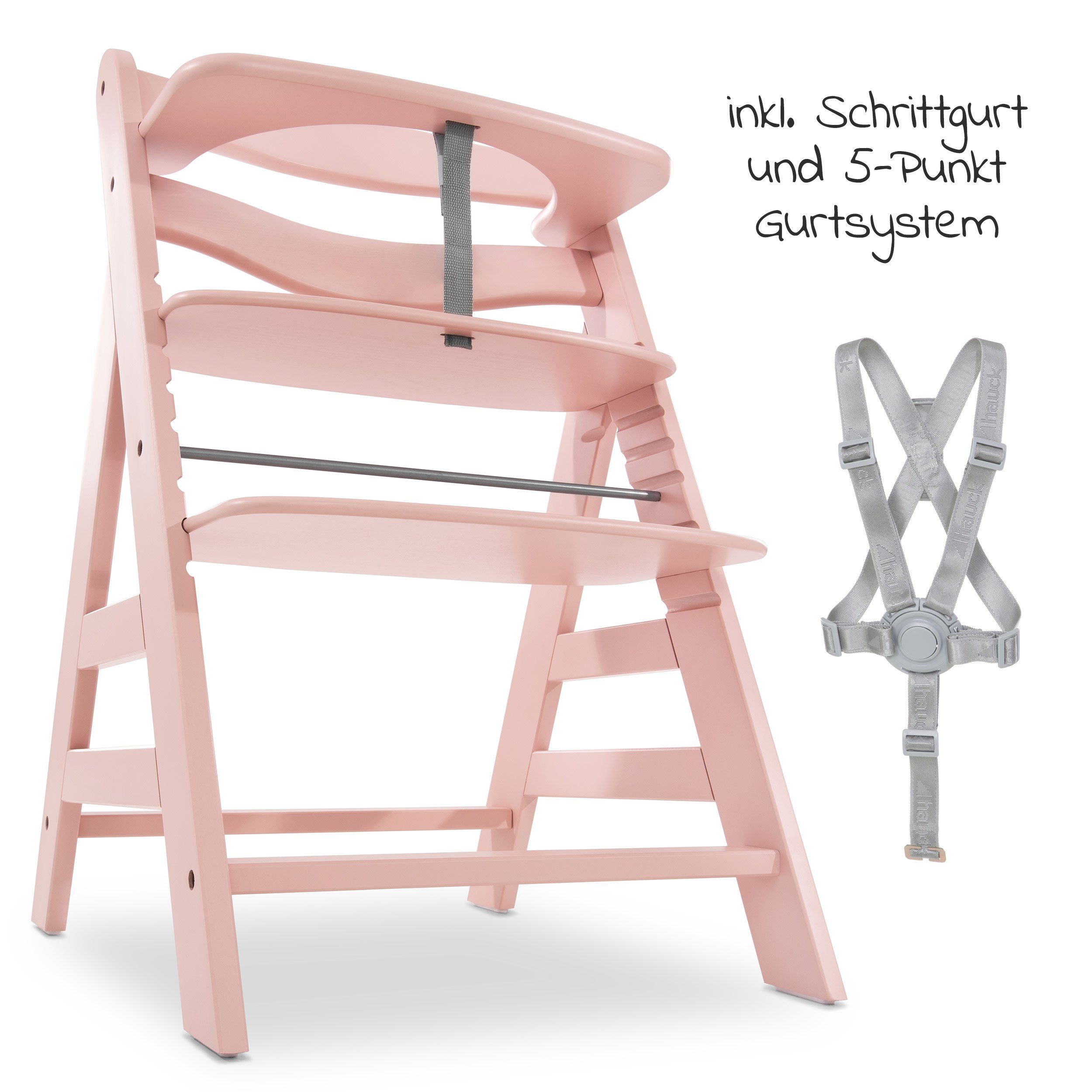 Hauck höhenverstellbar Hochstuhl Kinderhochstuhl Alpha Rosa (2 - Holz St), Plus Sitzauflage mit Mitwachsender