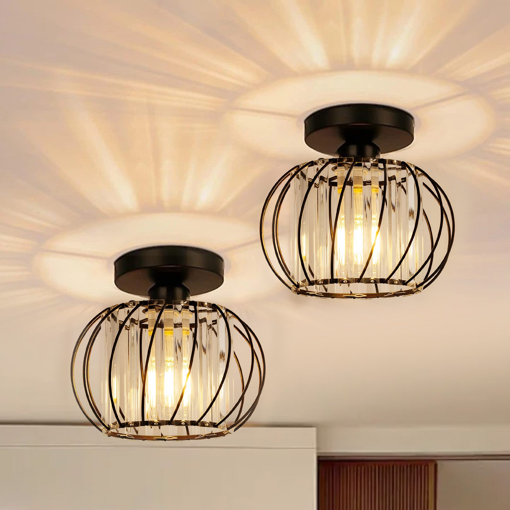 LOHAS-LED Deckenleuchte 2er-Set moderne Kristalldeckenlampe, runde schwarze Deckenlampe, ohne Leuchtmittel, E26 Kristallkronleuchterlampe für Flur, Schlafzimmer – Bild 5 von 5