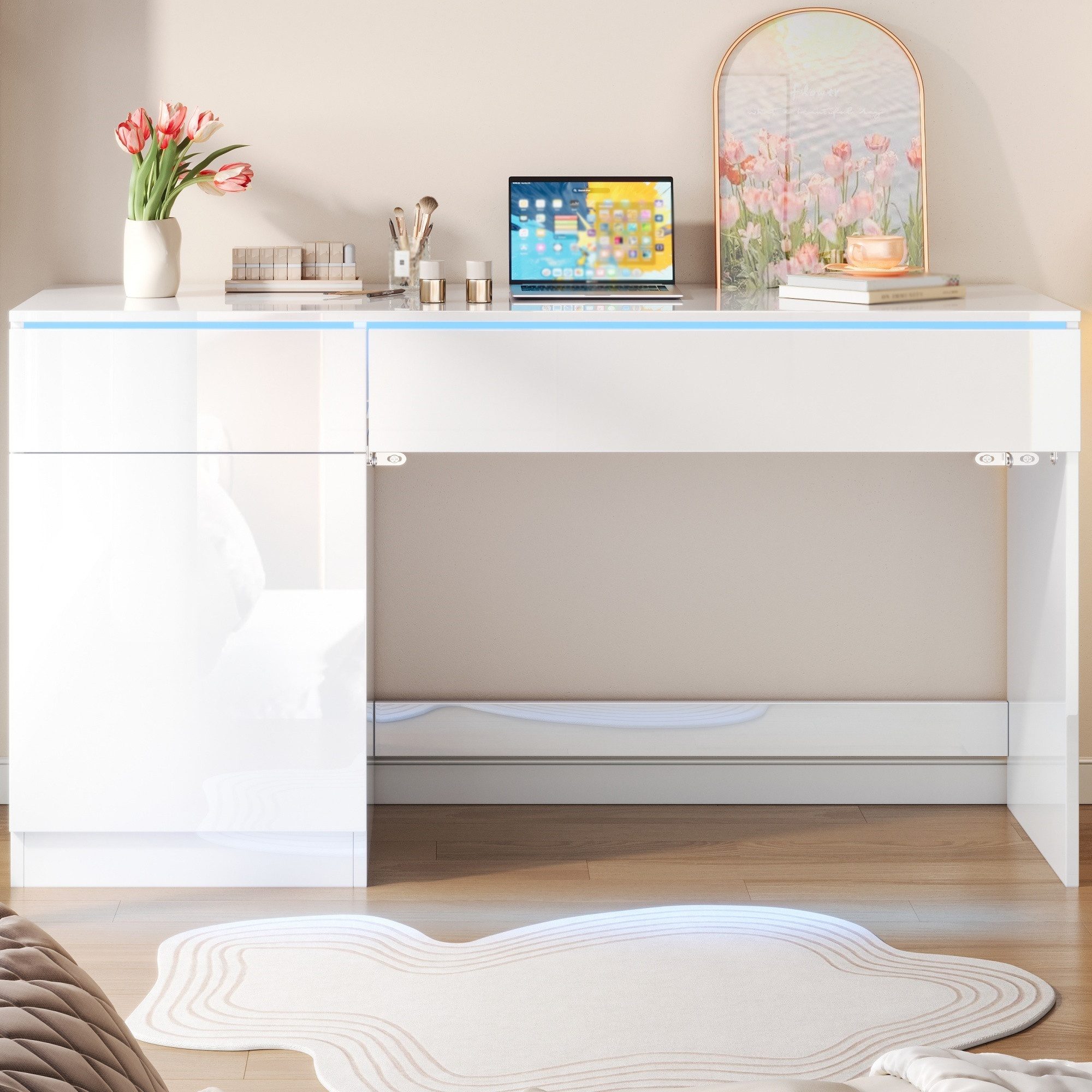 Flieks Schreibtisch Computertisch Arbeitstisch Bürotisch mit LED-Beleuchtung (120x50x78 cm, 1-St., 1 Tisch), Multifunktionstisch mit 2 Schublade und 1 Türen hochglänzend Weiß