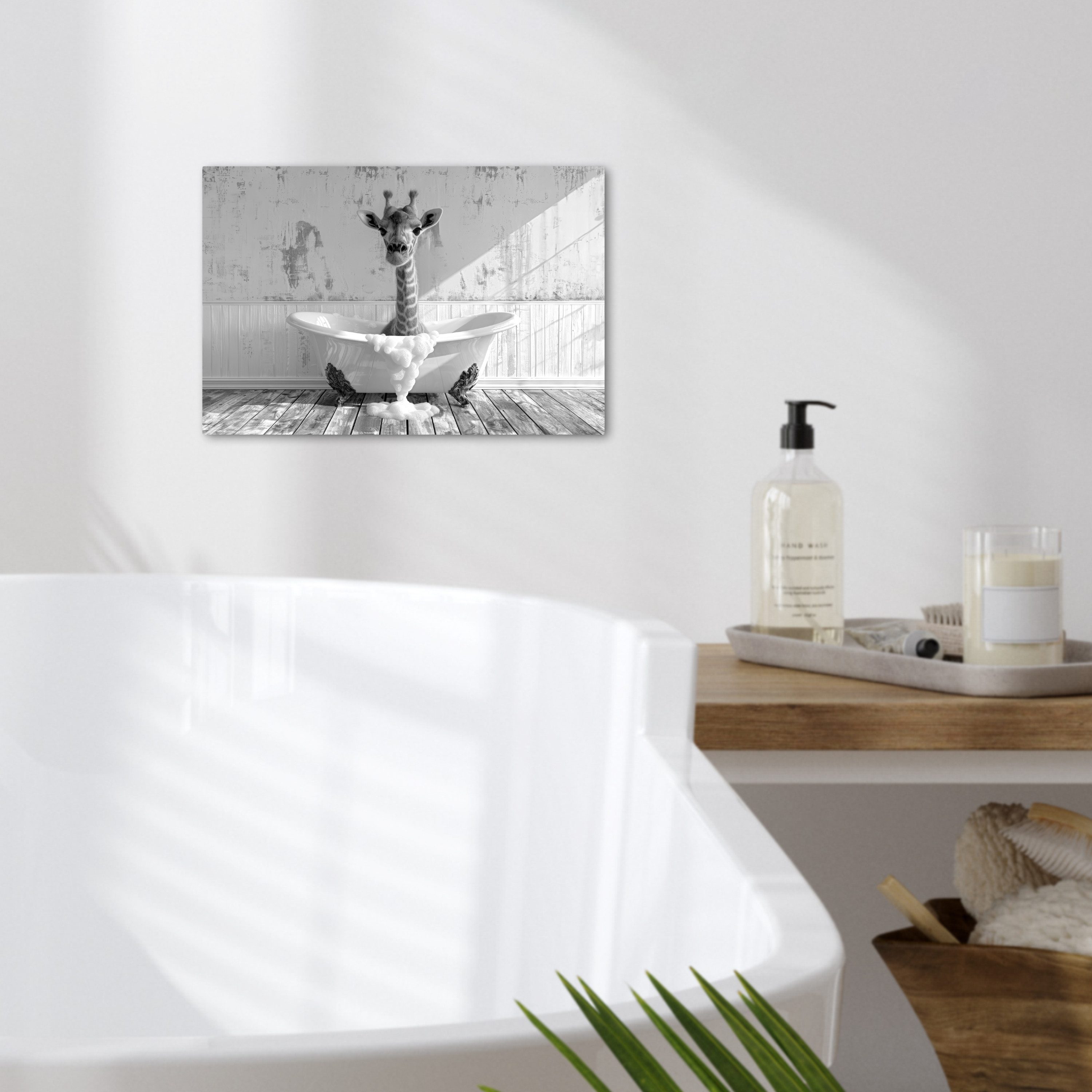 OneMillionCanvasses® Leinwandbild Giraffe - Tier - Bad - Vintage - Schwarz - Weiß, Fotodruck (1 St), Bilder für Badezimmer, Bad und Toiletten Deko, Bild WC 30x2 – Bild 2 von 5