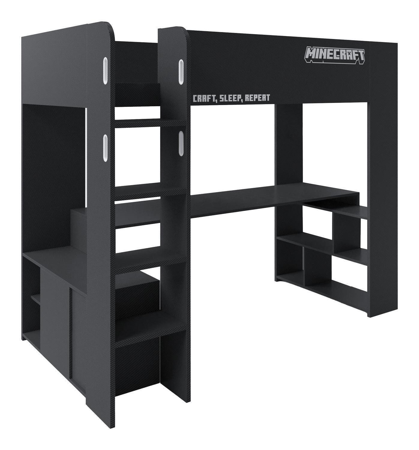 Kinderbett MINECRAFT, 90 x 200 cm, Schwarz, mit Leiter, Schreibtisch, B 227 x H 181 x T 96 cm