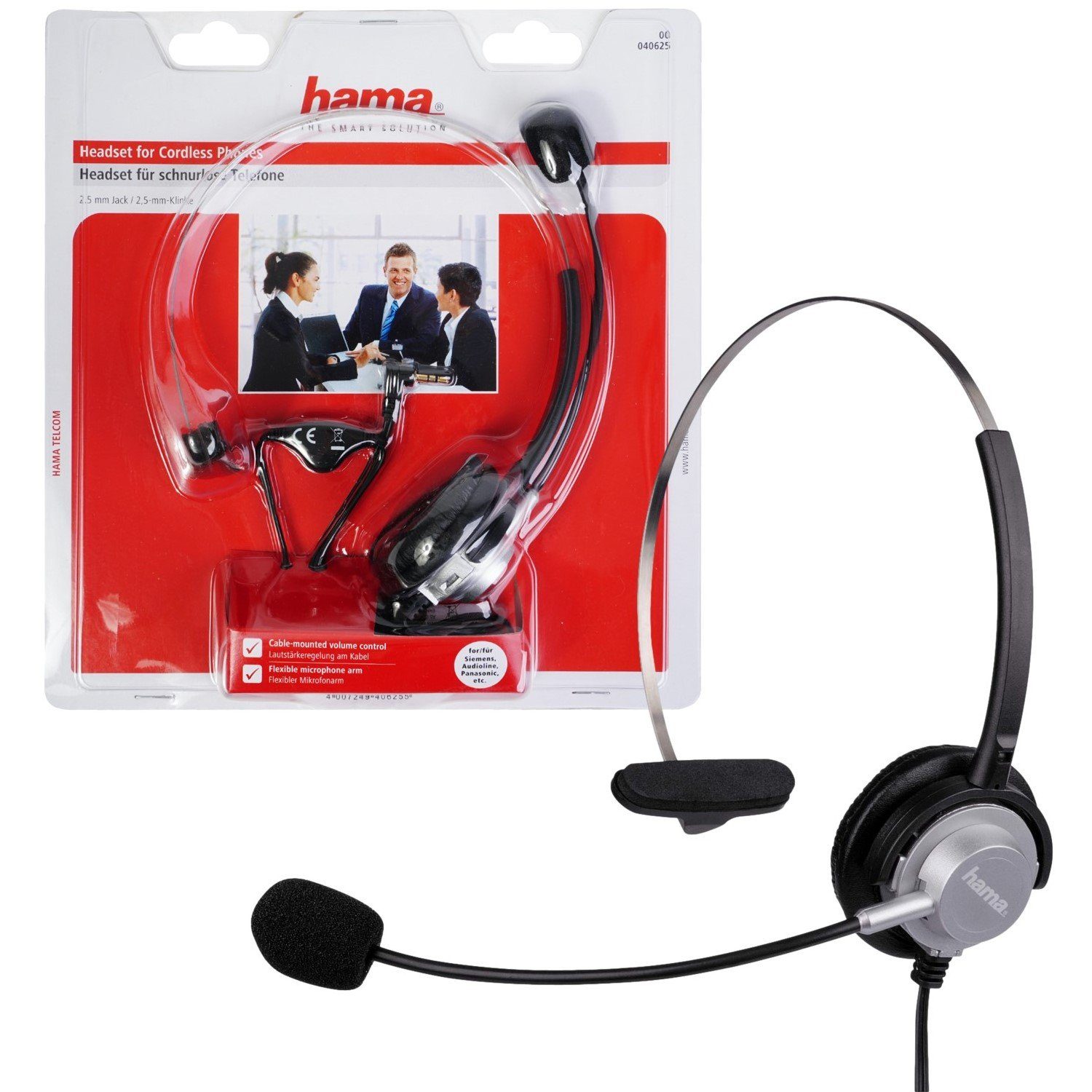 Hama Mono Headset Kopfhörer 2,5mm Klinke Kopfbügel Smartphone-Headset (Universal, Mikrofon, Stummschaltung, etc, Kein, Universal Klinken-Stecker passend für Gigaset DECT Telefon Festnetz)