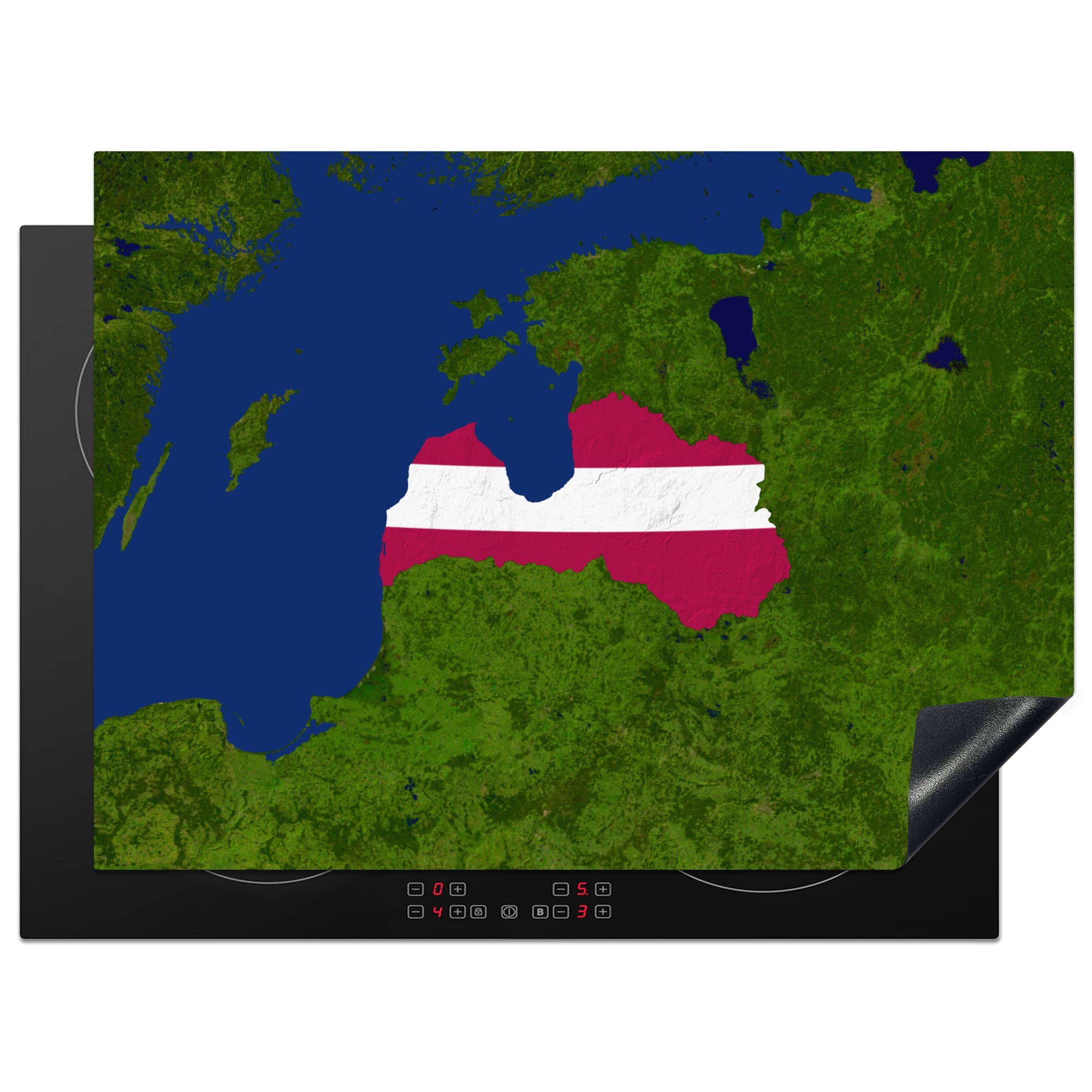 MuchoWow Herdblende-/Abdeckplatte Satellitenbild von Lettland mit der Flagge von Lettland, Vinyl, (1 tlg), 71x52 cm, Induktionskochfeld Schutz für die küche, Ceranfeldabdeckung