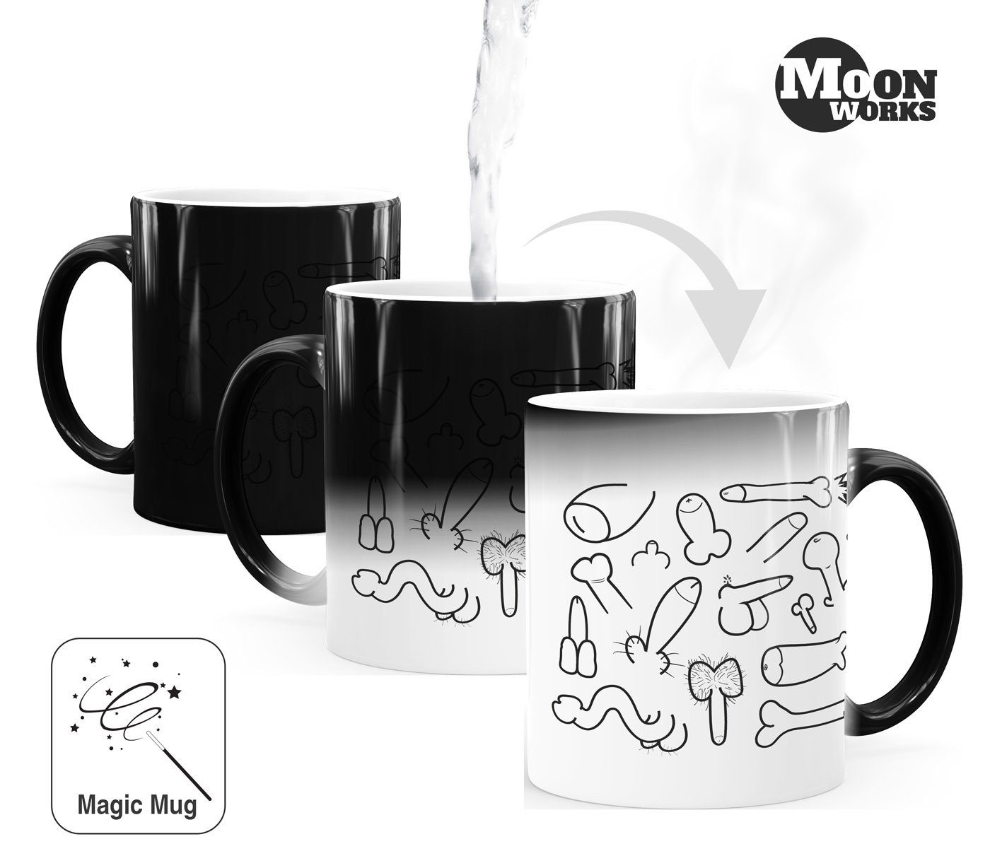MoonWorks Tasse Zaubertasse Farbwechsel Keramik MoonWorks®, lustig Fun-Motiv Aufdruck Pimmel-Becher Tasse Penis-Muster Bürotasse
