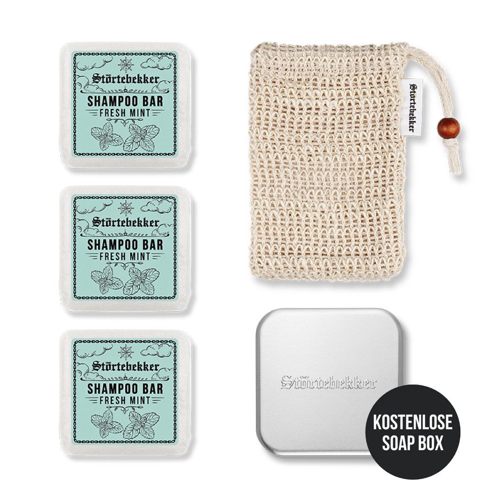 Störtebekker Festes Haarshampoo Duschset - 3x Shampoo, Soap Bag und GRATIS Мылоdose, Veganes Shampoo, praktische Aufbewahrung, handgefertigt in Holland