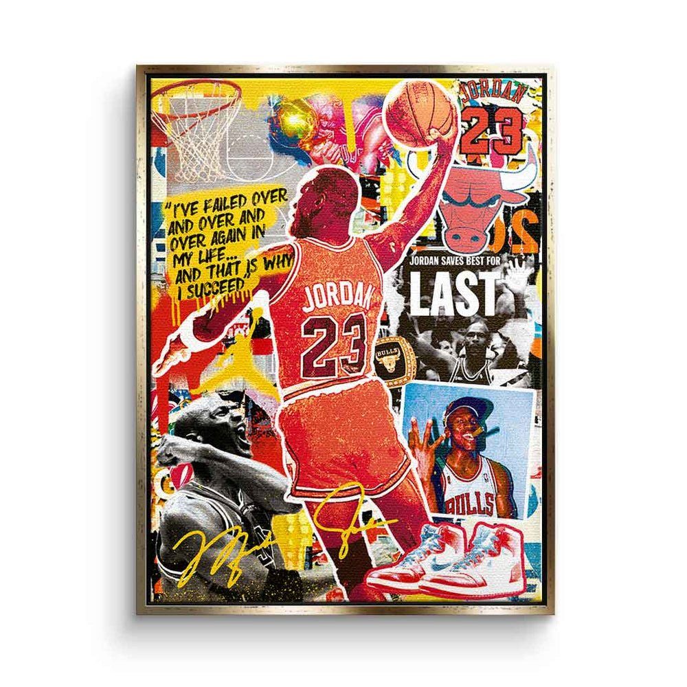 Leinwandbild 23 Pop Michael Leinwandbild, DOTCOMCANVAS® Jordan Porträt Collage Art Rahmen goldener Bulls