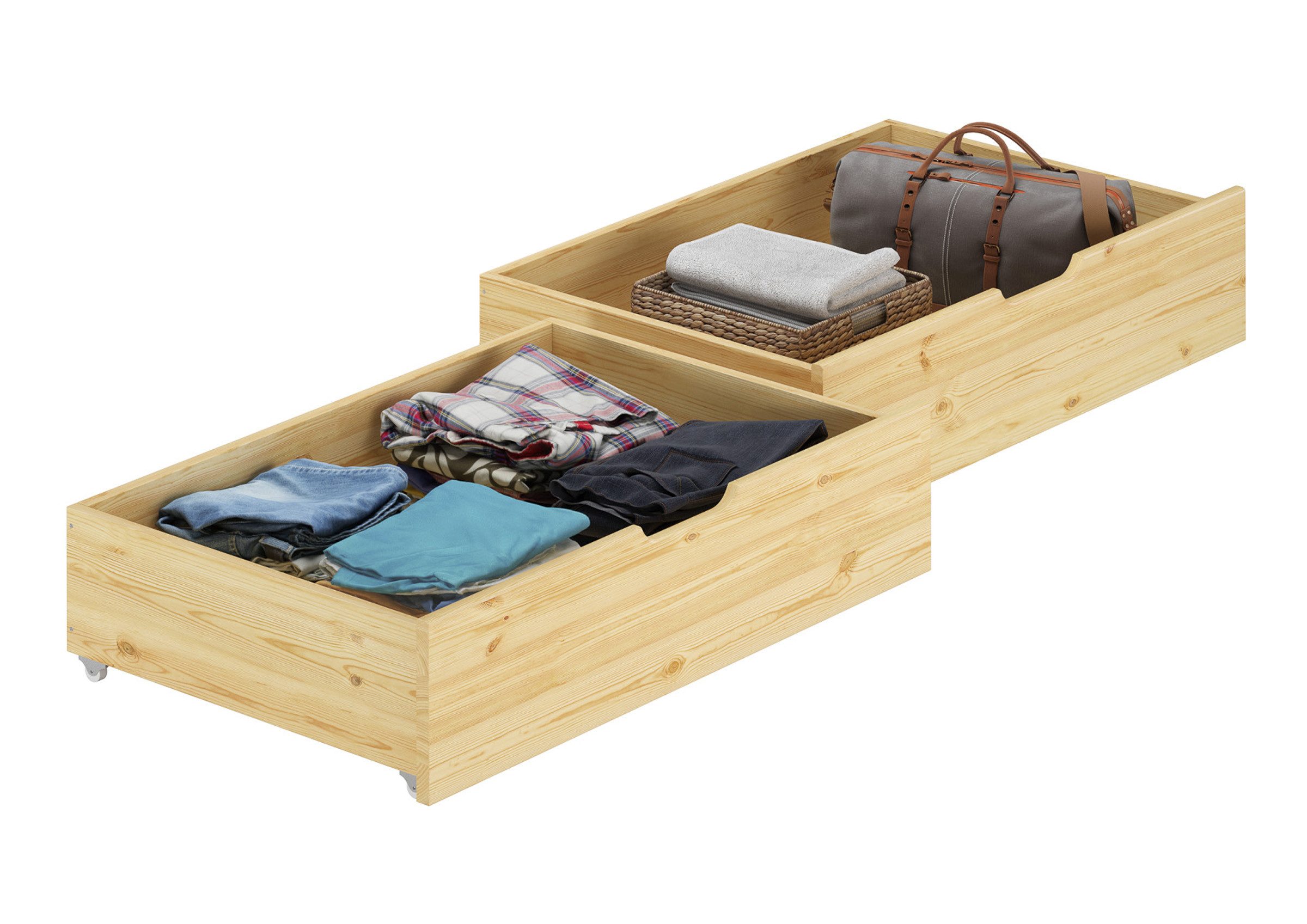ERST-HOLZ Bettschubkasten Doppelbettkasten 2 Bettschubladen Kiefer massiv mit Rollen 90.10-S9