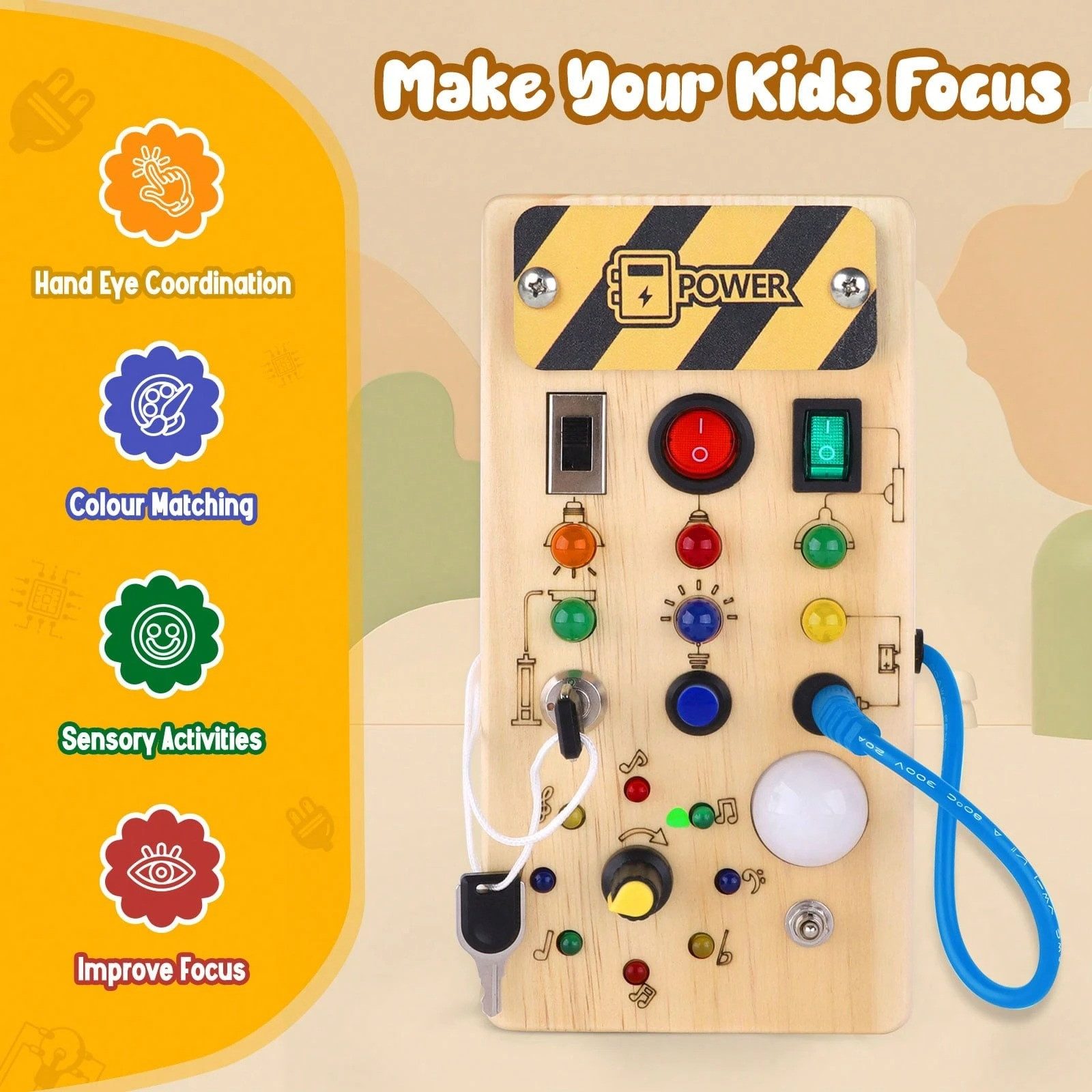 Japace Lernspielzeug Holz Busy Board – LED-Lichtschalter Lernspielzeug für Kleinkinder (1-St) – Bild 5 von 5