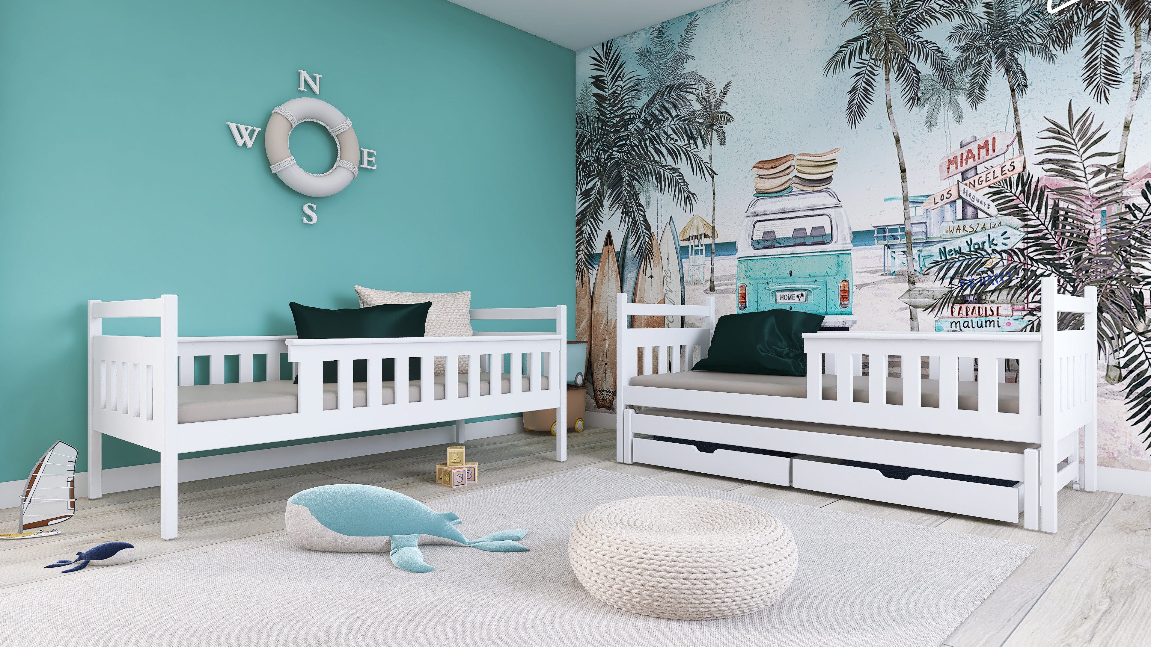 Kids Collective Loft Bed 90x200 with Pull-Out Bed Function, Bunk Bed, Children's Bed with Two Drawers, 2 Slatted Bases, Fall Protection, Convertible into Three Beds, White