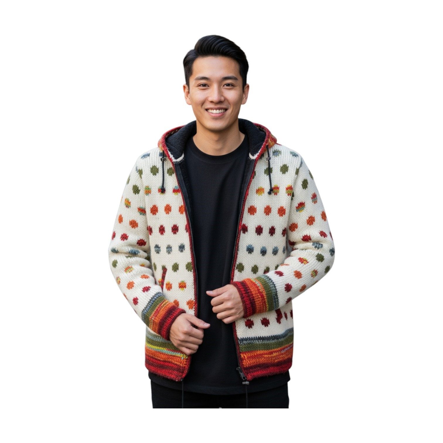 THC Natural Line Strickjacke THC Schafwollstrickjacke 840 gepunktet (1 Stück, 1-tlg., 1 Stück) abnehmbare Kapuze