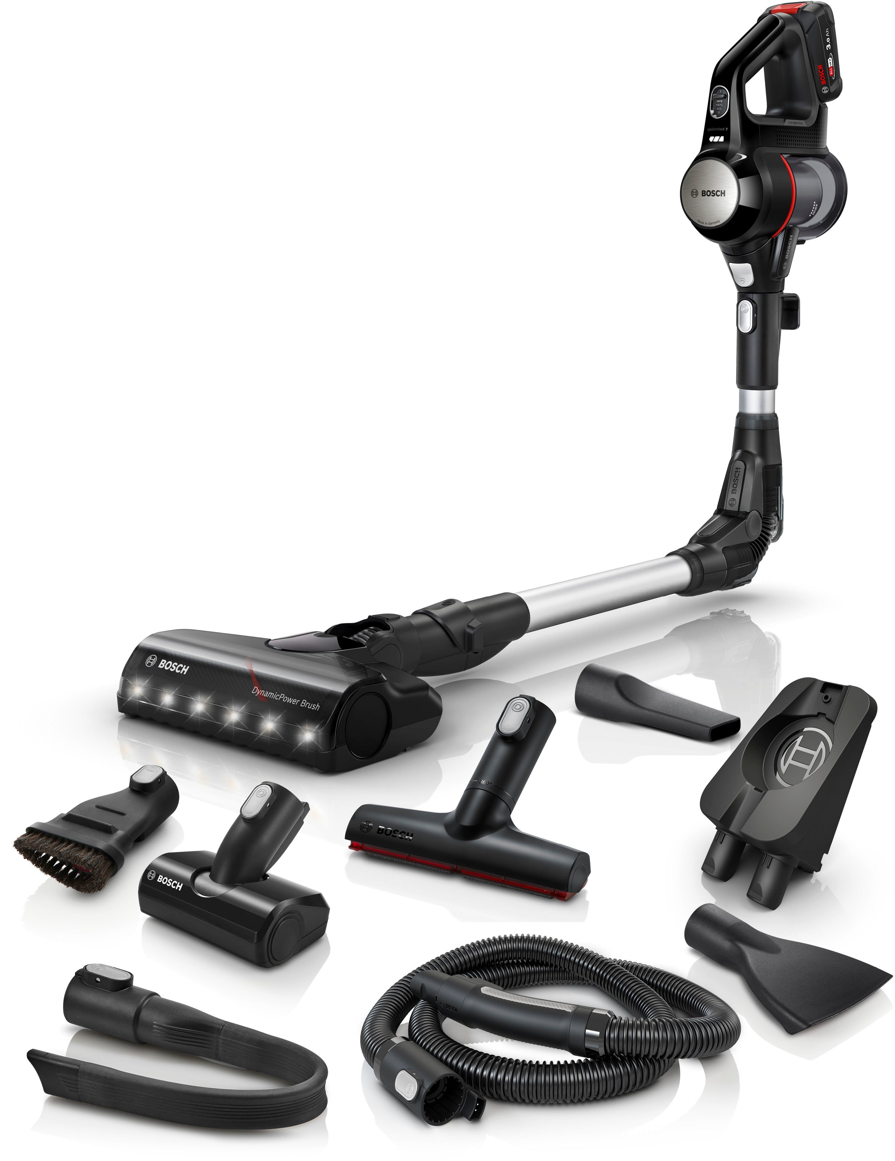 BOSCH Akku-Stielstaubsauger Unlimited 7 BKS711XXL, Akku Staubsauger,Knickrohr, 10 J. Motorgarantie, beutellos, LED-Licht, hohe Saugkraft, lange Laufzeit, Mini-Turbo-Düse, schwarz