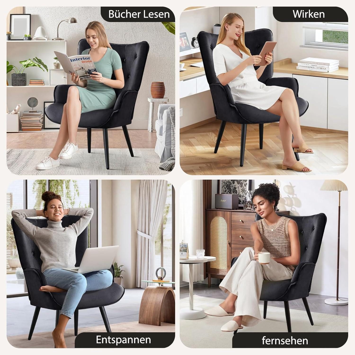 LuxusKollektion Ohrensessel Ohrensessel skandinavisch Samt Rückenlehne Relax 2 Stück Schwarz