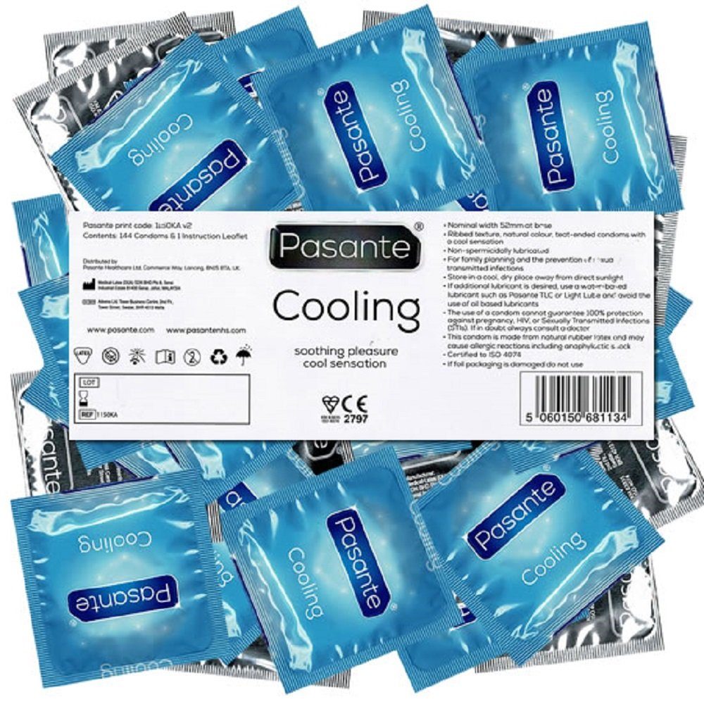 Pasante Kondome Cooling (gerippte Kondome mit Spezialbeschichtung) Packung mit, 144 St., kühlender Effekt für mehr Ausdauer