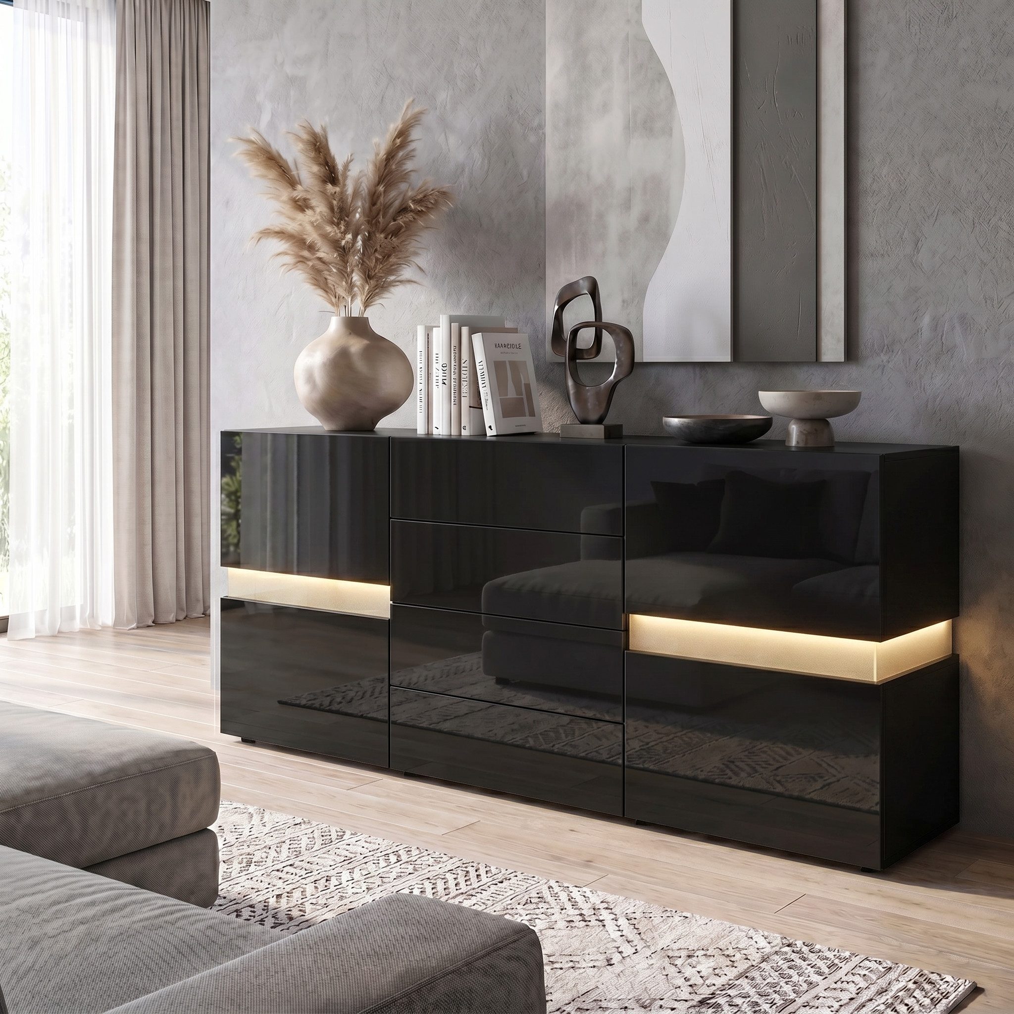 Vladon Sideboard Flow (Kommode mit Ambient Light Verglasung, mit 2 Türen und 4 Schubladen), Schwarz Hochglanz, inkl. LED-Beleuchtung (177 x 75 x 39 cm)
