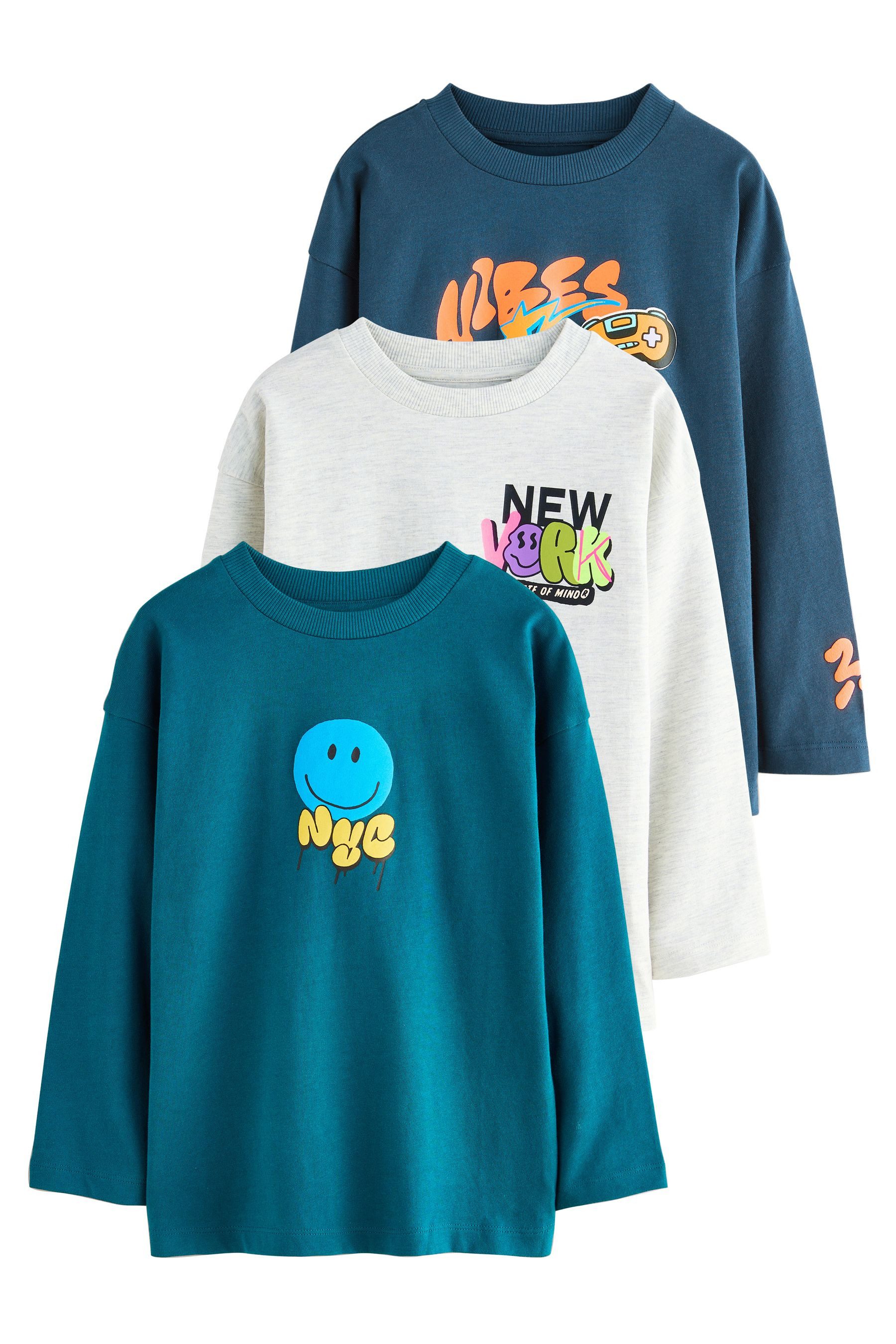 Langarmshirt 3er-Pack Langarmshirts mit Grafik aus Baumwolle
