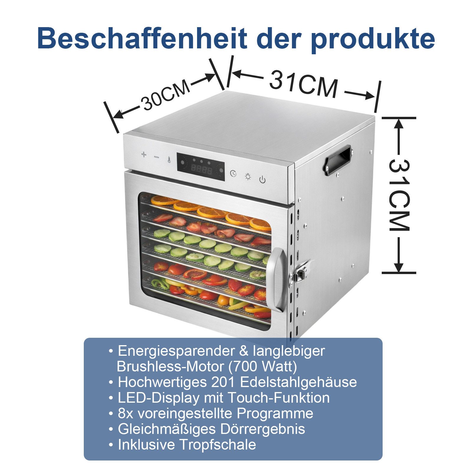 Youyijia Dehydrator Dörrautomat Edelstahl mit 8 Edelstahlgitter