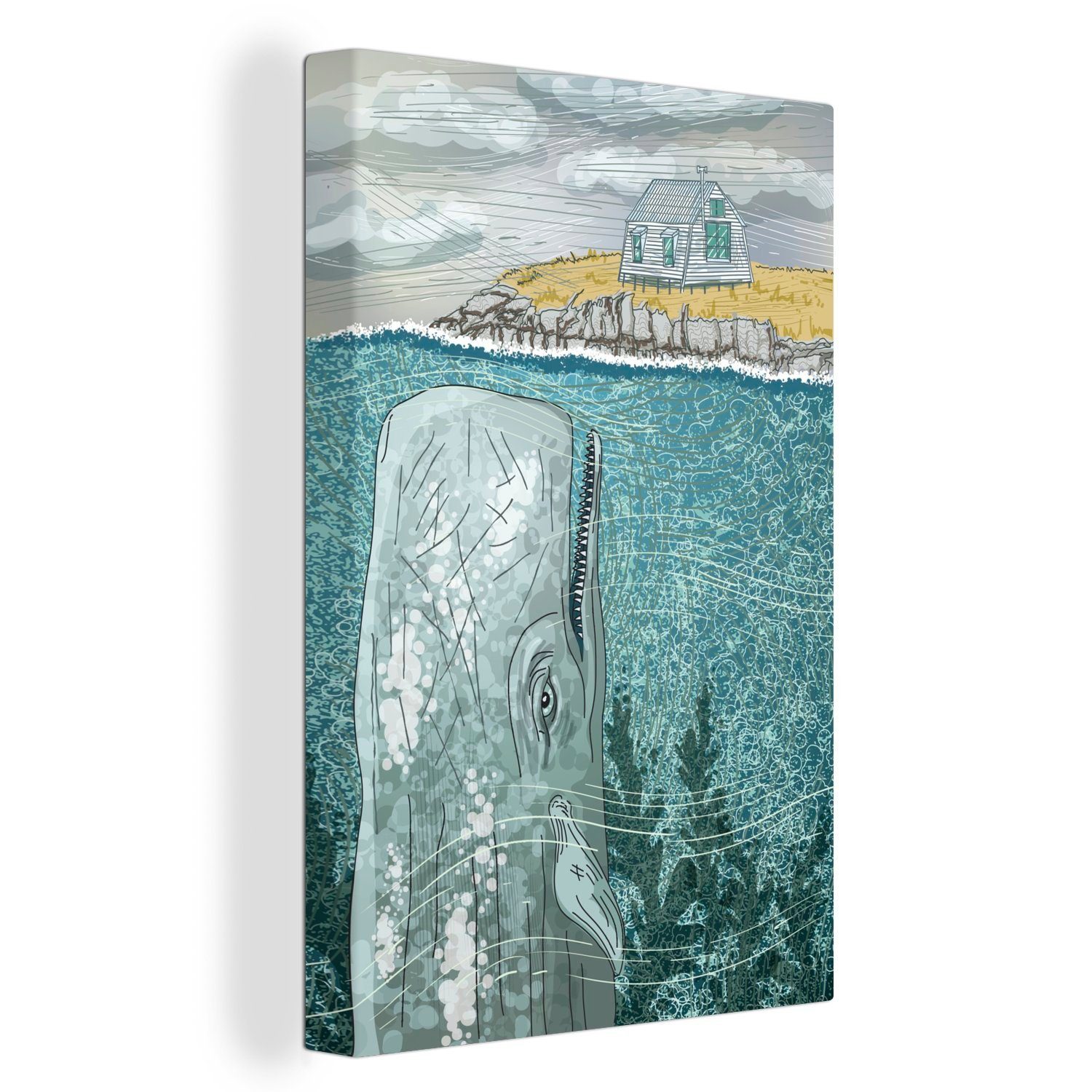 OneMillionCanvasses® Leinwandbild Eine Illustration eines riesigen Wals unter einem kleinen Haus, (1 St), Leinwandbild fertig bespannt inkl. Zackenaufhänger, Gemälde, 20x30 cm