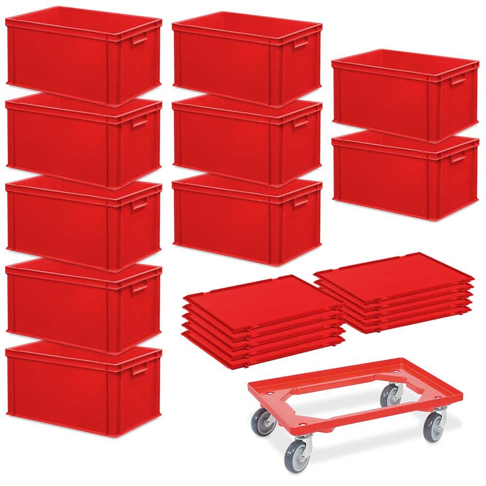 BRB-Lagertechnik Stapelbox 10 Euroboxen (600x400x320 mm) + 10 Scharnierdeckel + 1 Transportroller, Euroboxen aus Polypropylen-Kunststoff (PP)
