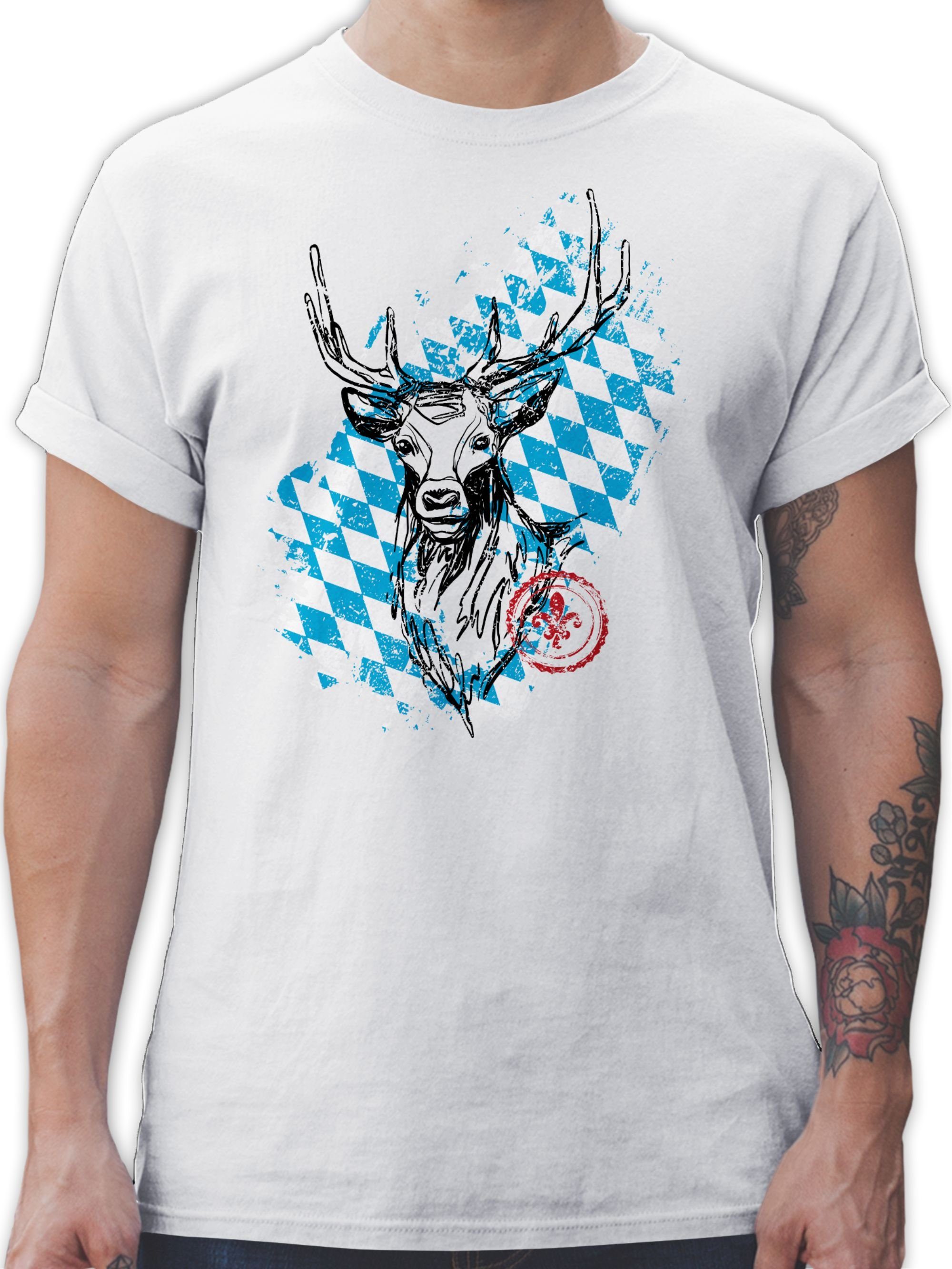 Shirtracer T-Shirt Hirsch mit bayrischem Wappen Mode für Oktoberfest Herren 3 Weiß