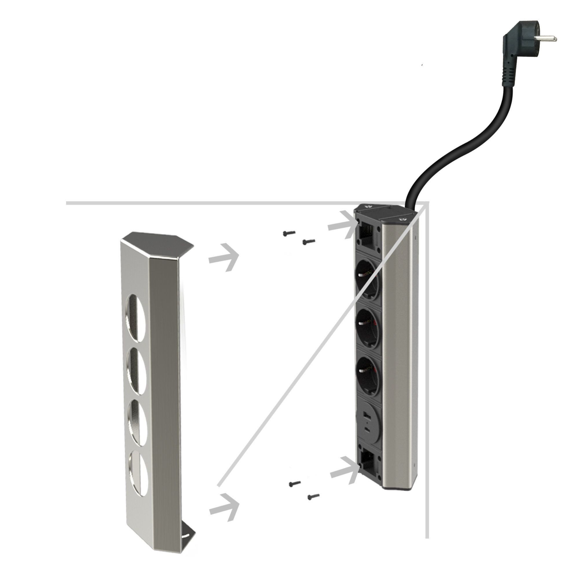 kalb Steckdose Ecksteckdosenleiste 4-fach 3x 230V und 2x USB Anschluss silber/schwarz – Bild 4 von 5