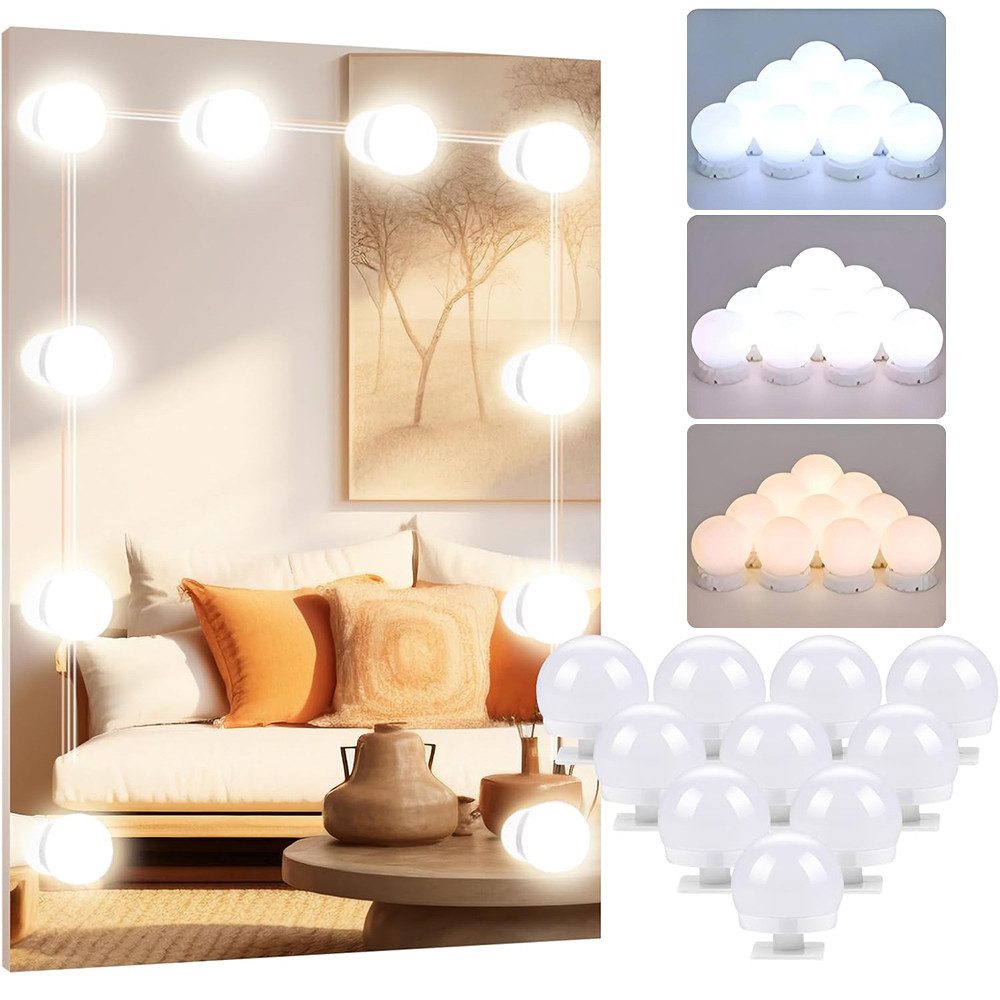 TUWENA LED-Lichtspiegel 3 Farben LED Spiegelleuchte, 9 Helligkeiten Dimmbar Schminklicht (10-St), Schminklicht Spiegellampe, Schminktisch Leuchte mit USB Kabel