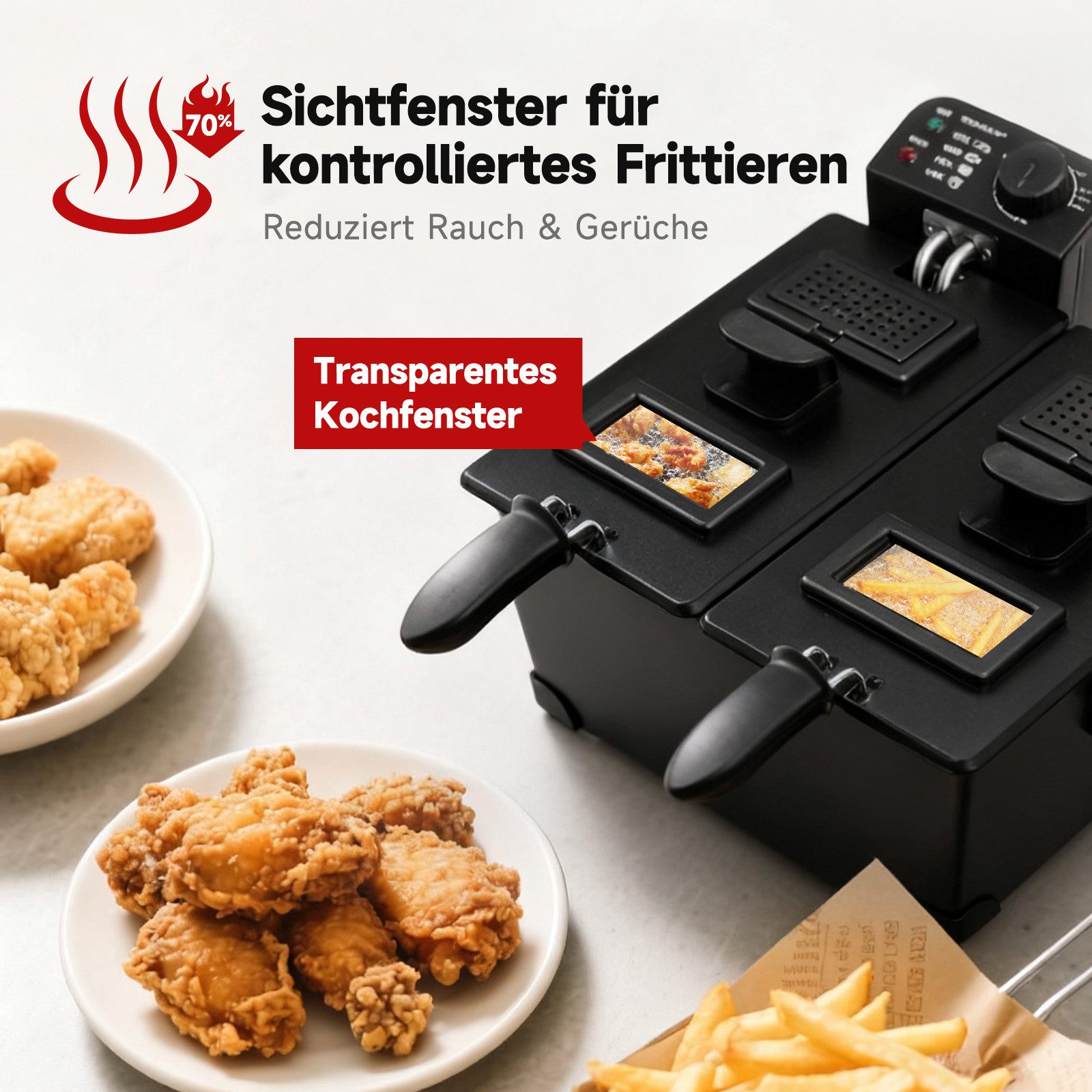 Aigostar Fritteuse Edelstahl Doppel-Fritteuse mit 2 Körben, 6 Liter Öl-Fritteuse mit Kaltzonenfunktion, Temperaturregelung, 3600,00 W, Abnehmbarer Griff,automatische Abschaltung beim Anheben,Rauchfilterung