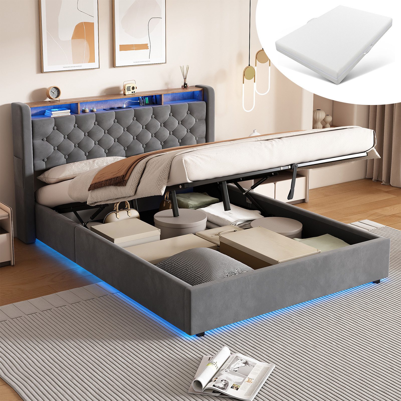 OKWISH Polsterbett mit USB-Anschlüsse, Hollandvelours& Kopfteil-Ablage (Funktionsbett, 2-tlg., Stabiler Metallrahmen in Grau, mit Matratze), 140x200cm mit Stauraum & LED-Beleuchtung