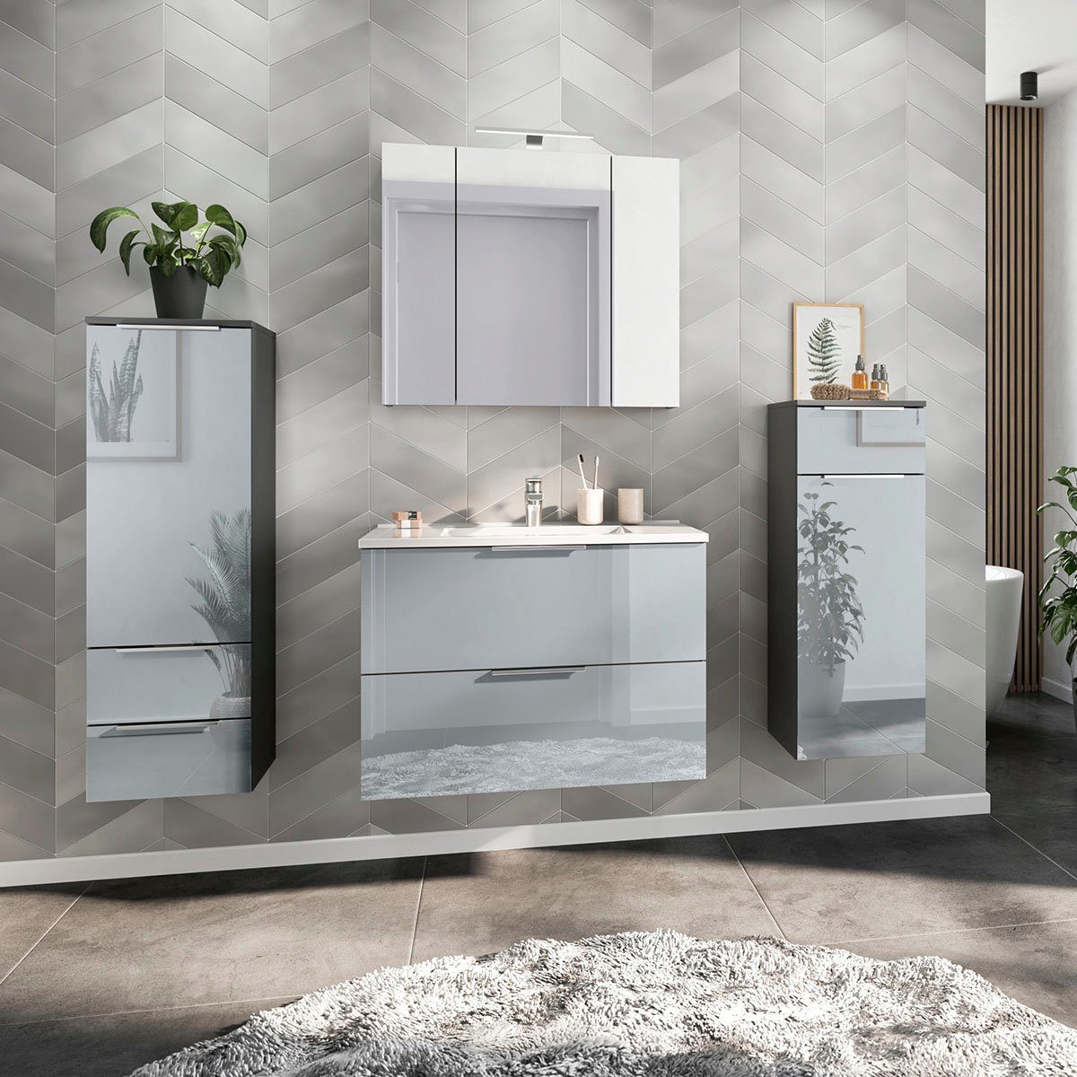 GERMANIA Badmöbel-Set Oakland, (4-St), inkl. WT-Unterschrank, Spiegelschrank, Schrank und Mediumschrank