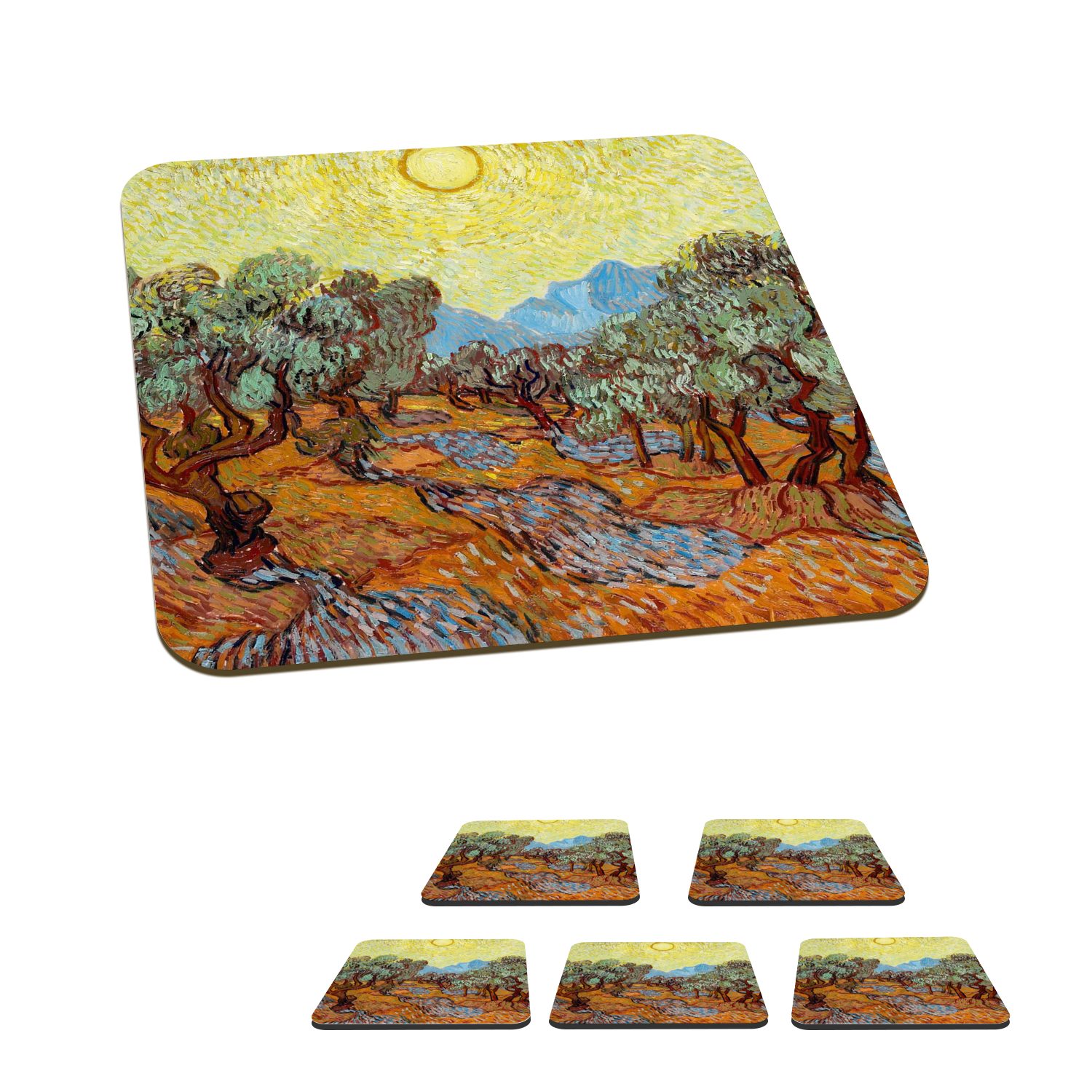 MuchoWow Glasuntersetzer Olivenbäume mit gelbem Himmel und Sonne - Gemälde von Vincent van Gogh, Zubehör für Gläser, 6-tlg., Glasuntersetzer, Tischuntersetzer, Korkuntersetzer, Untersetzer, Tasse