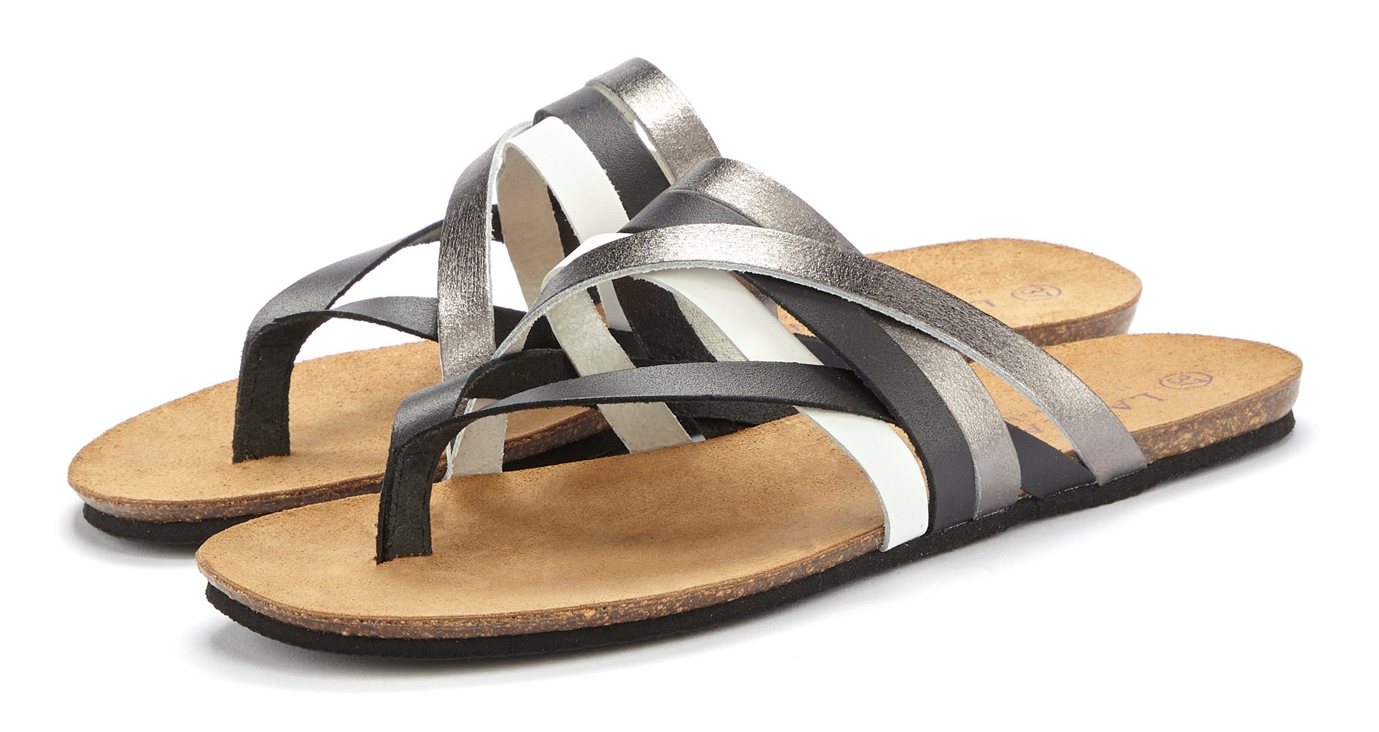 LASCANA Zehentrenner Sandale, Pantolette aus Leder mit Korkfußbett günstig online kaufen