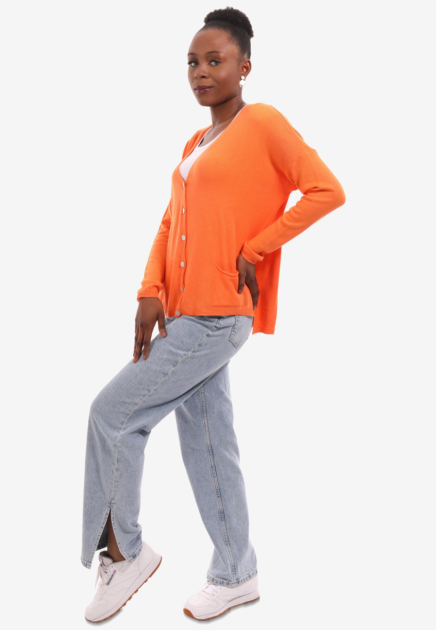 mit locker Fashion Style (1-tlg) - in Feinstrick Cardigan geknöpft, geschnitten, YC Unifarbe, Cardigan & Vorne orange Knopfleiste