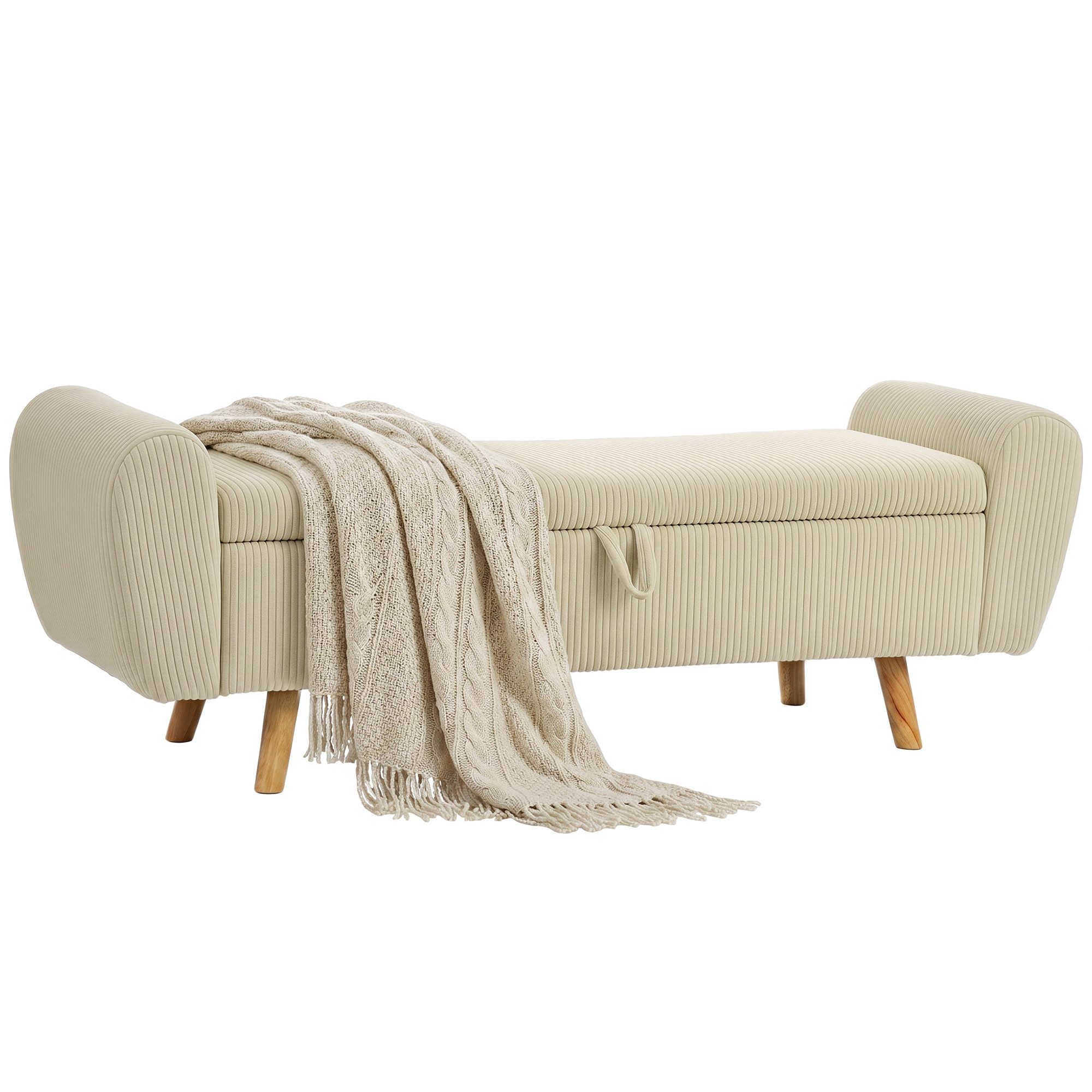 HOMCOM Sitzbank Polsterbank mit Cord-Optik, Holzfüßen und Gerollten Armlehnen (Set, 1-St., mit Stauraum), für Wohnzimmer, Schlafzimmer, Flur, 150 x 45 x 51 cm,  – Bild 2 von 5