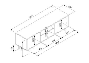 möbelando TV-Board Kuta, im Rafia-Geflecht Dekor mit Massivholzfüßen - 150 x 52 x 40 cm