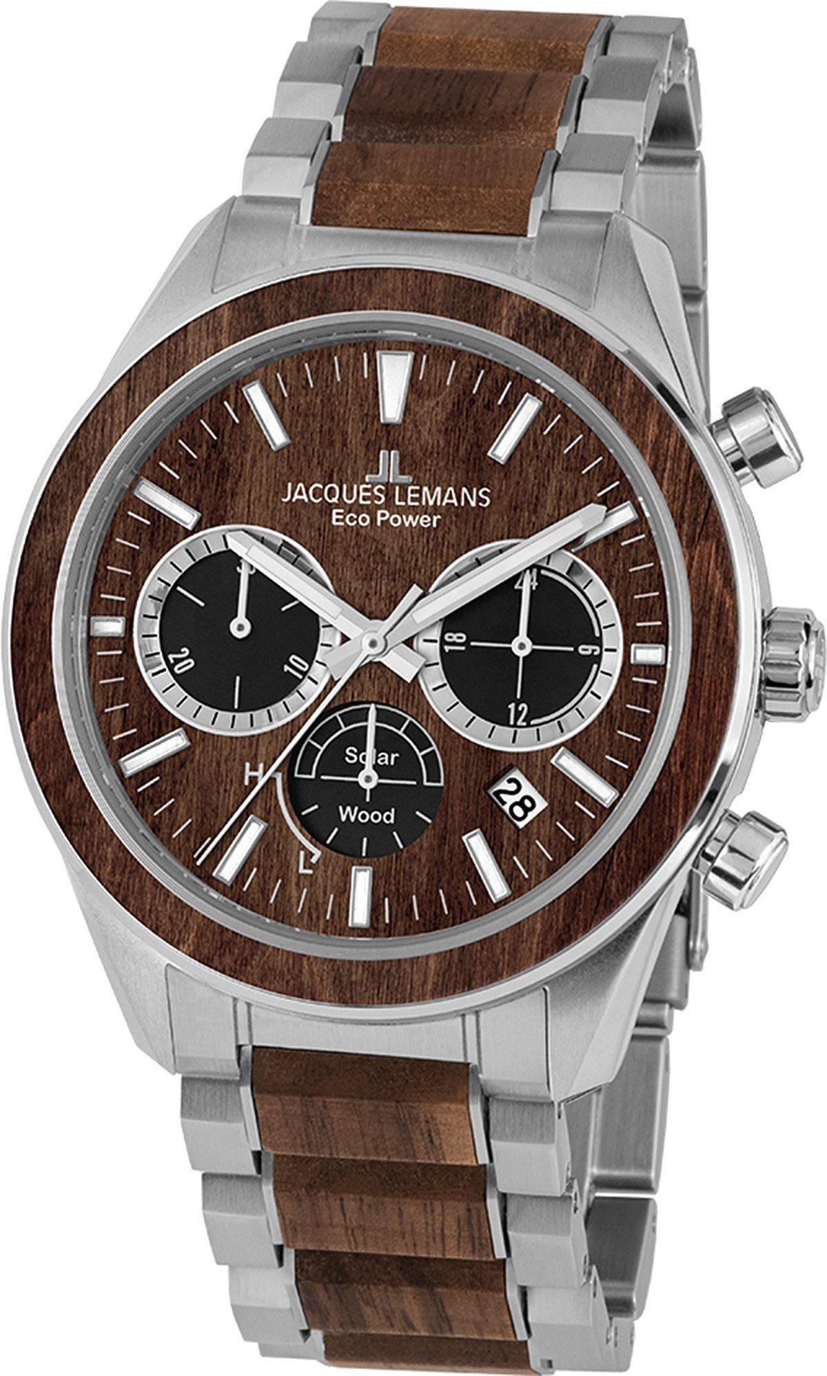 Jacques Lemans Chronograph Eco Power Solar Wood, 1-2115J, Armbanduhr,Herrenuhr, Solar, Datum, Stoppfunktion, Holz-Zifferblatt