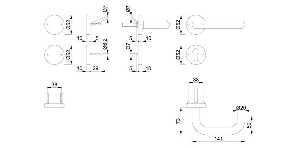 HOPPE Türbeschlag für FS-Garnitur blind -/D rund mm Edelstahl PZ links / F69 DIN Türstärke rechts Paris 40-65 / FS-E138/42H/42HS