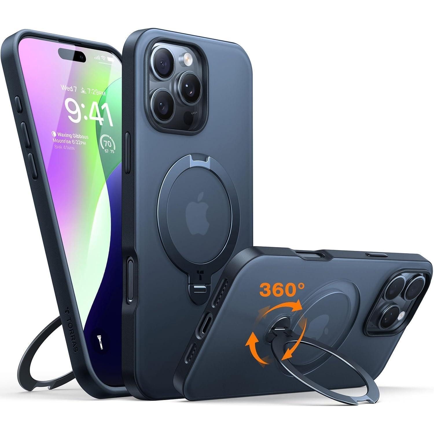 TORRAS Handyhülle 360° Ostand Spin Magsafe Hülle iPhone 16 Pro Max Militärschutz/schwarz